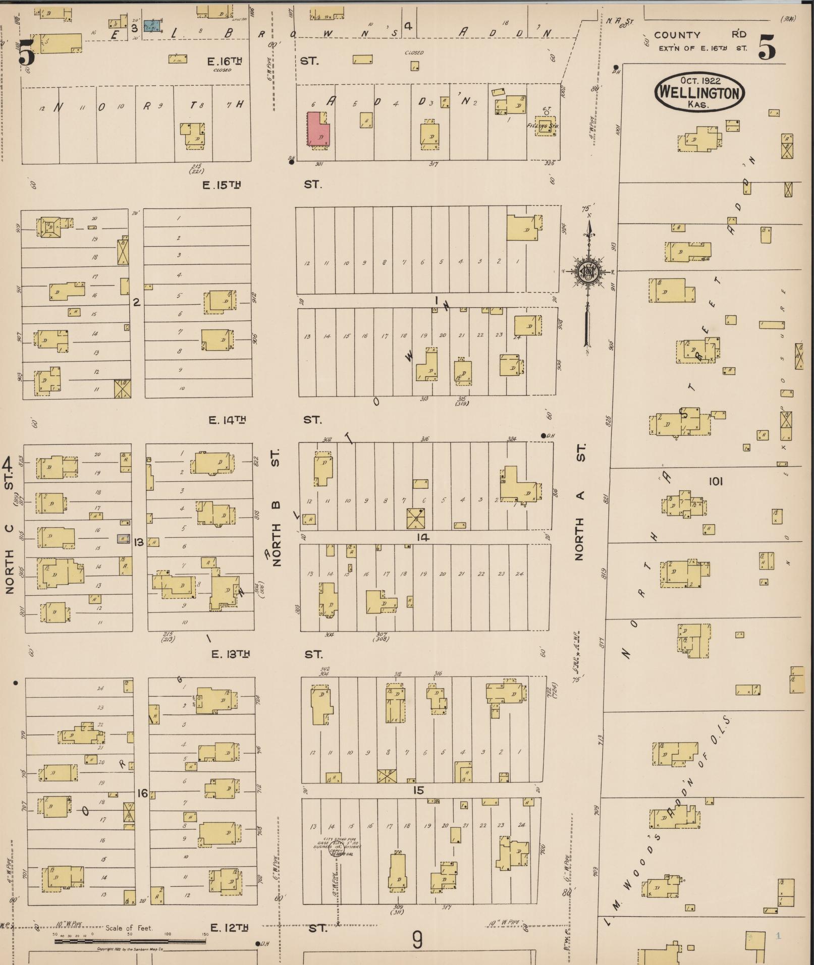 Sanborn Fire Insurance Map from Wellington, Sumner County, Kansas (1922), Sheet #0005 - Historic Sanborn Fire Insurance Map Print, vintage old map wall art, antique decor, genealogy gift, Kansas Kansas map