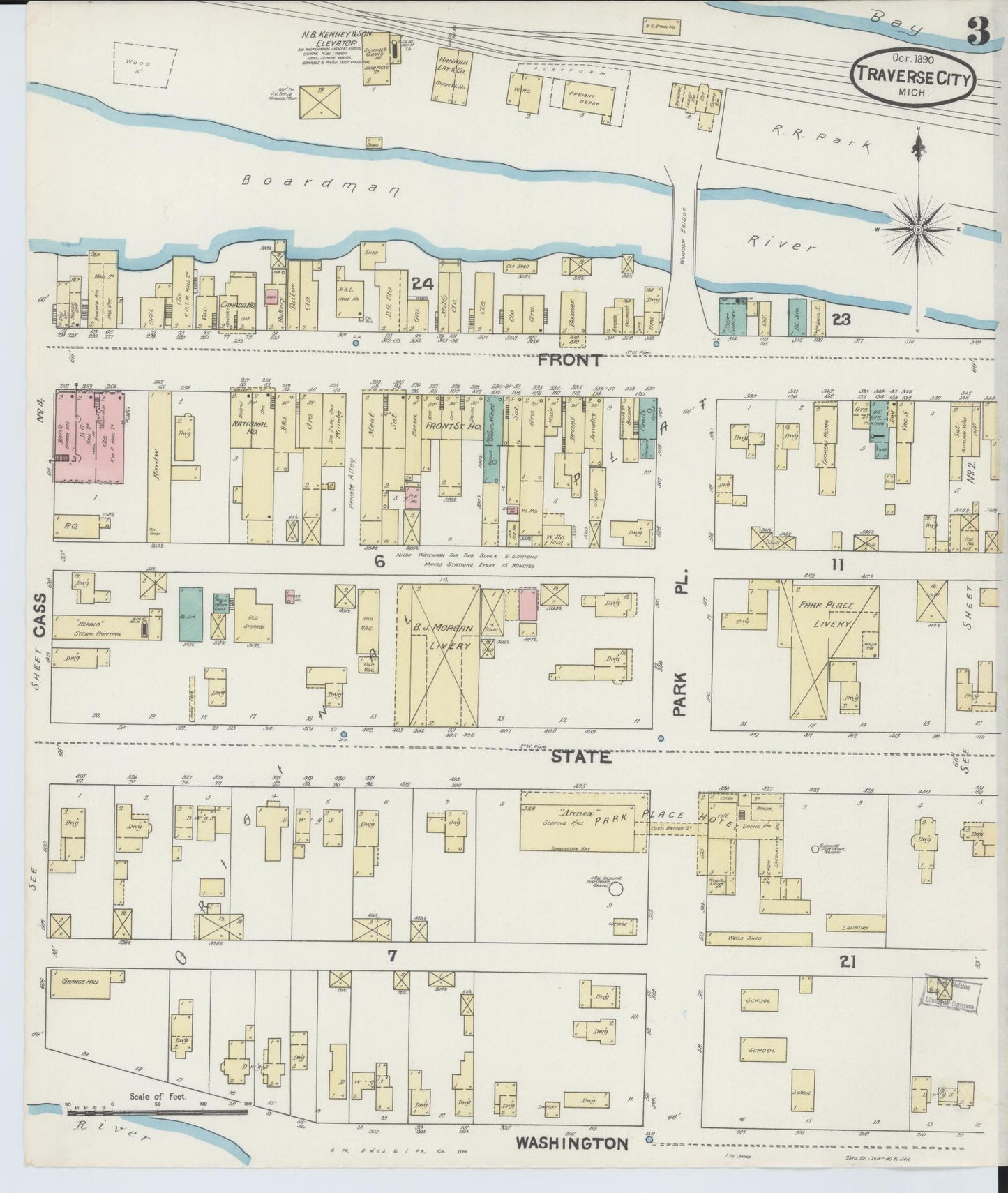 Sanborn Fire Insurance Map from Traverse City, Grand Traverse County, Michigan (1890), Sheet #0003 - Historic Sanborn Fire Insurance Map Print, vintage old map wall art, antique decor, genealogy gift, Michigan Michigan map