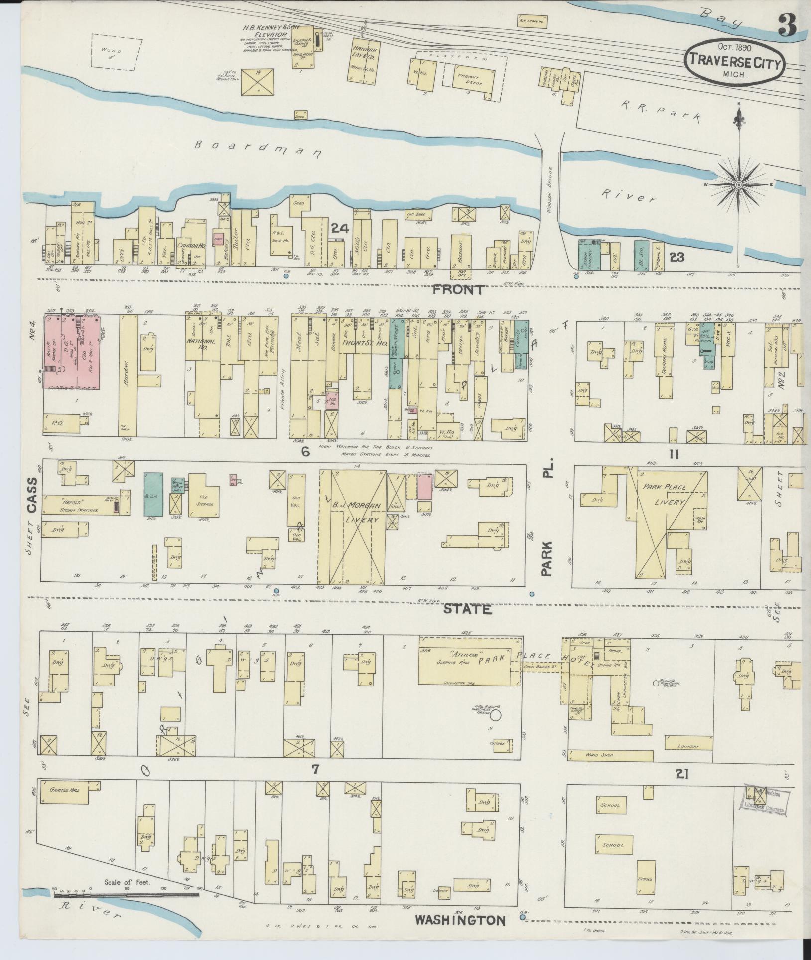 Sanborn Fire Insurance Map from Traverse City, Grand Traverse County, Michigan (1890), Sheet #0003 - Historic Sanborn Fire Insurance Map Print, vintage old map wall art, antique decor, genealogy gift, Michigan Michigan map