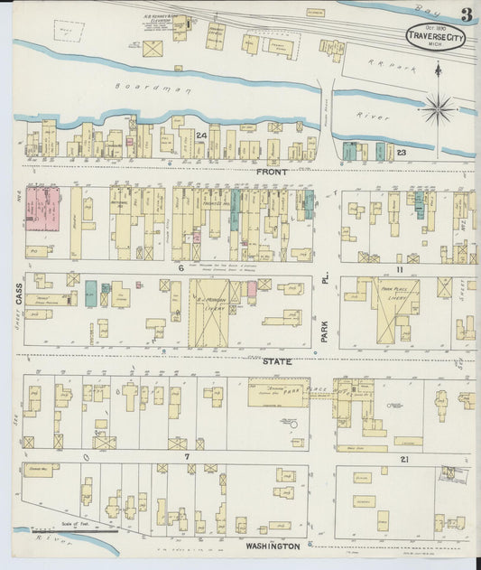 Sanborn Fire Insurance Map from Traverse City, Grand Traverse County, Michigan (1890), Sheet #0003 - Historic Sanborn Fire Insurance Map Print, vintage old map wall art, antique decor, genealogy gift, Michigan Michigan map