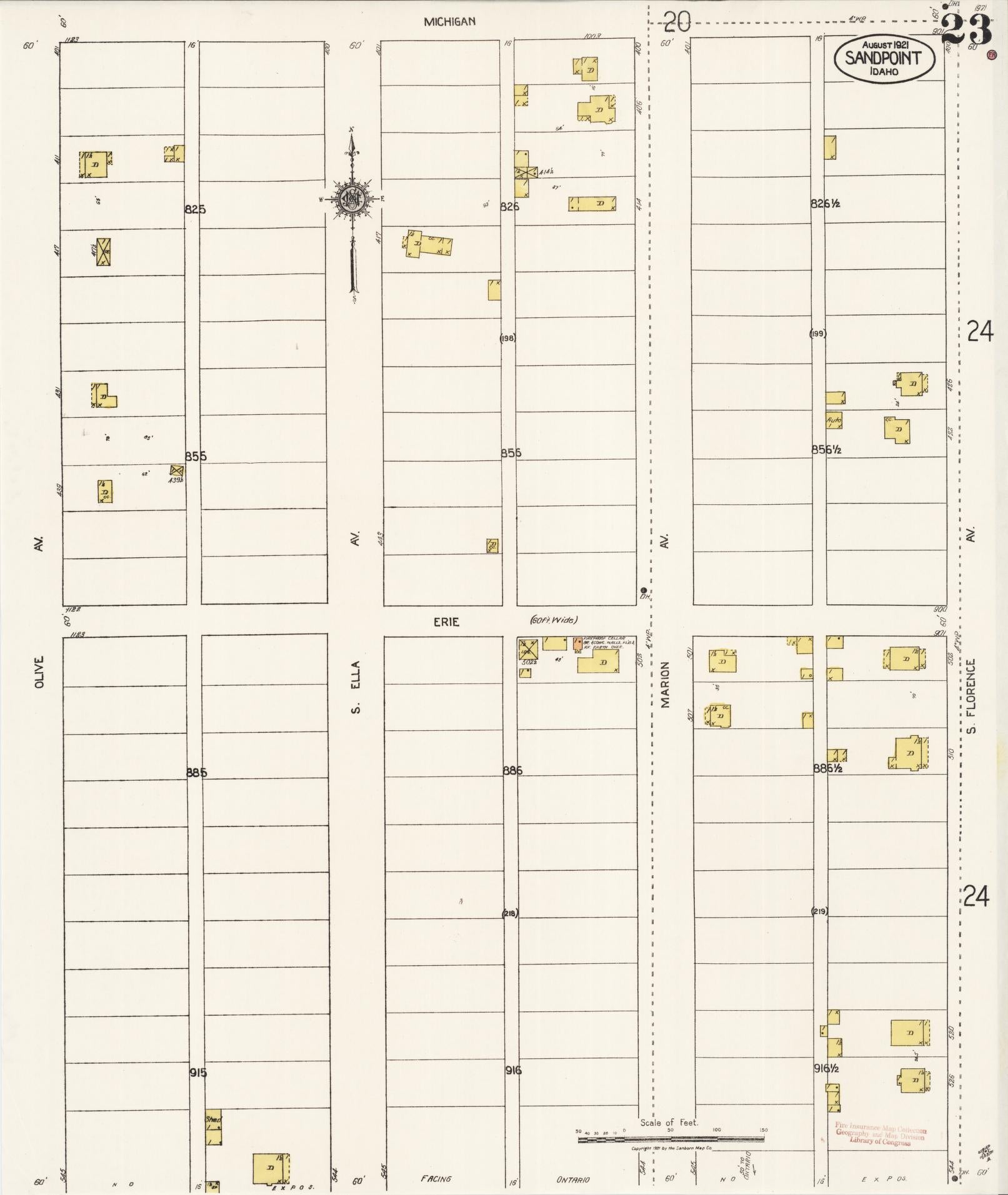 Sanborn Fire Insurance Map from Sandpoint, Bonner County, Idaho (1921), Sheet #0023 - Historic Sanborn Fire Insurance Map Print, vintage old map wall art, antique decor, genealogy gift, Idaho Idaho map