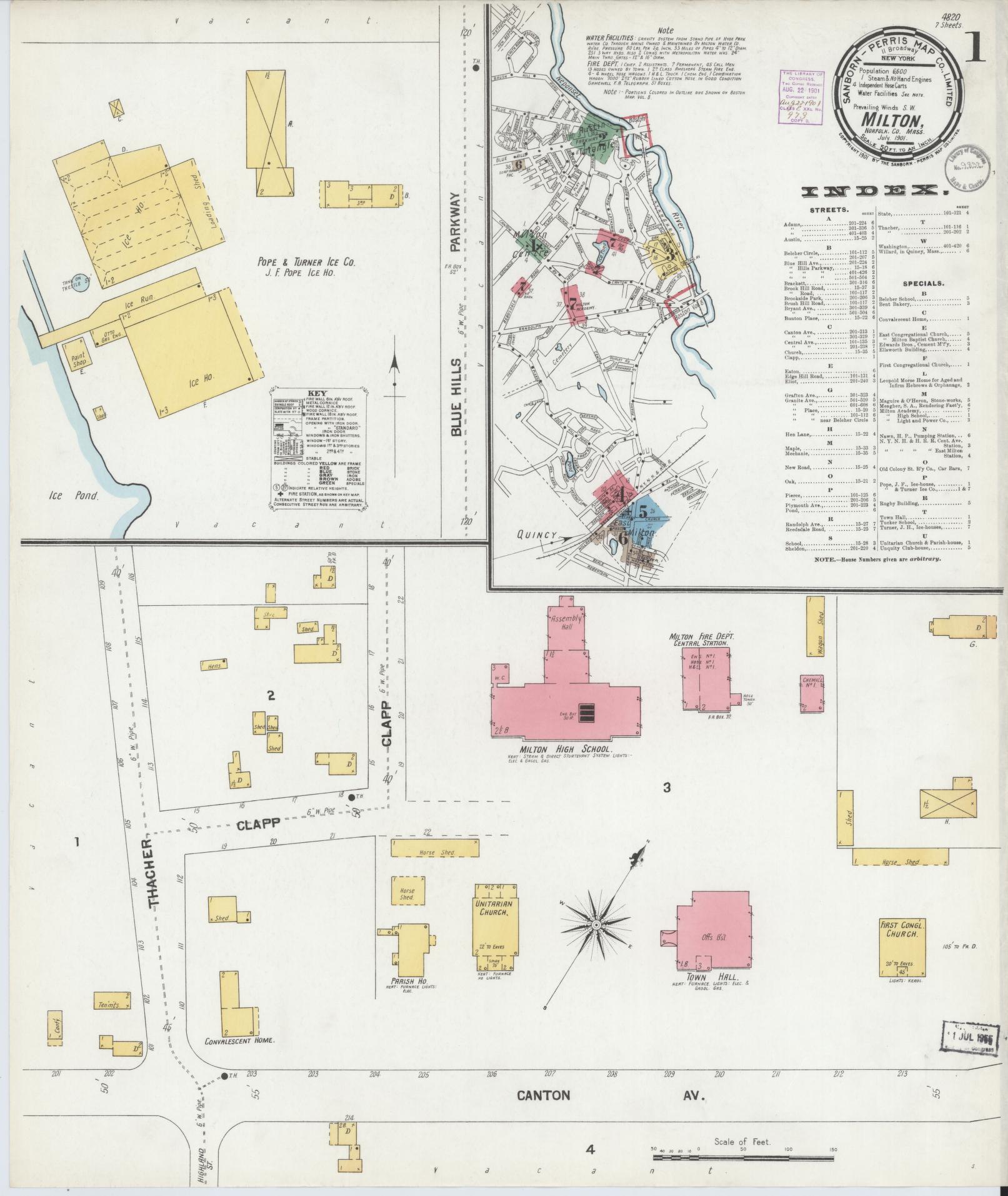 Sanborn Fire Insurance Map from Milton, Norfolk County, Massachusetts (1901), Sheet #0001 - Historic Sanborn Fire Insurance Map Print, vintage old map wall art, antique decor, genealogy gift, Massachusetts Massachusetts map