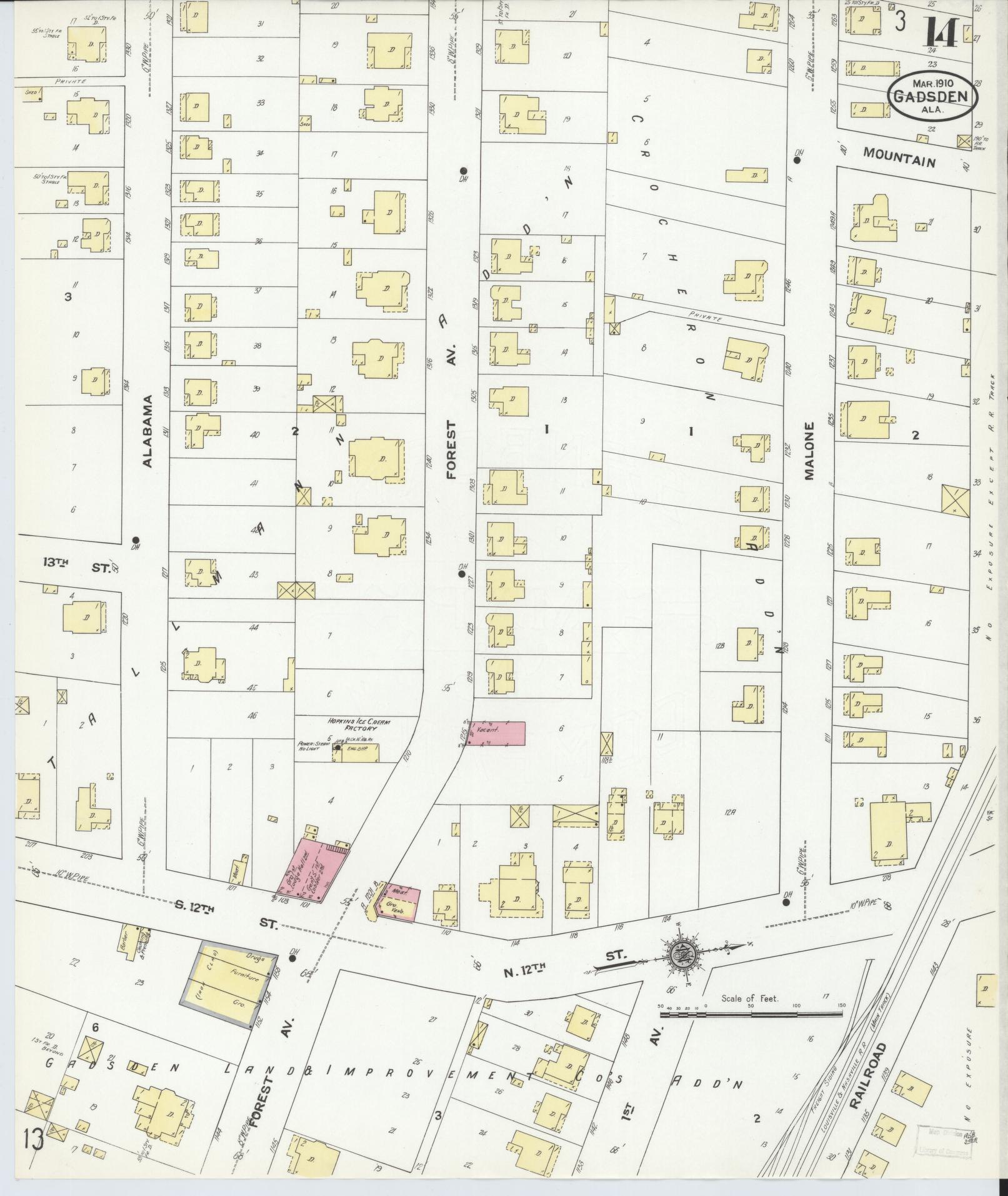 Sanborn Fire Insurance Map from Gadsden, Etowah County, Alabama (1910), Sheet #0014 - Historic Sanborn Fire Insurance Map Print, vintage old map wall art, antique decor, genealogy gift, Alabama Alabama map