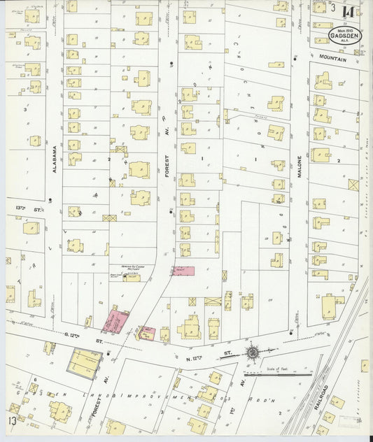 Sanborn Fire Insurance Map from Gadsden, Etowah County, Alabama (1910), Sheet #0014 - Historic Sanborn Fire Insurance Map Print, vintage old map wall art, antique decor, genealogy gift, Alabama Alabama map