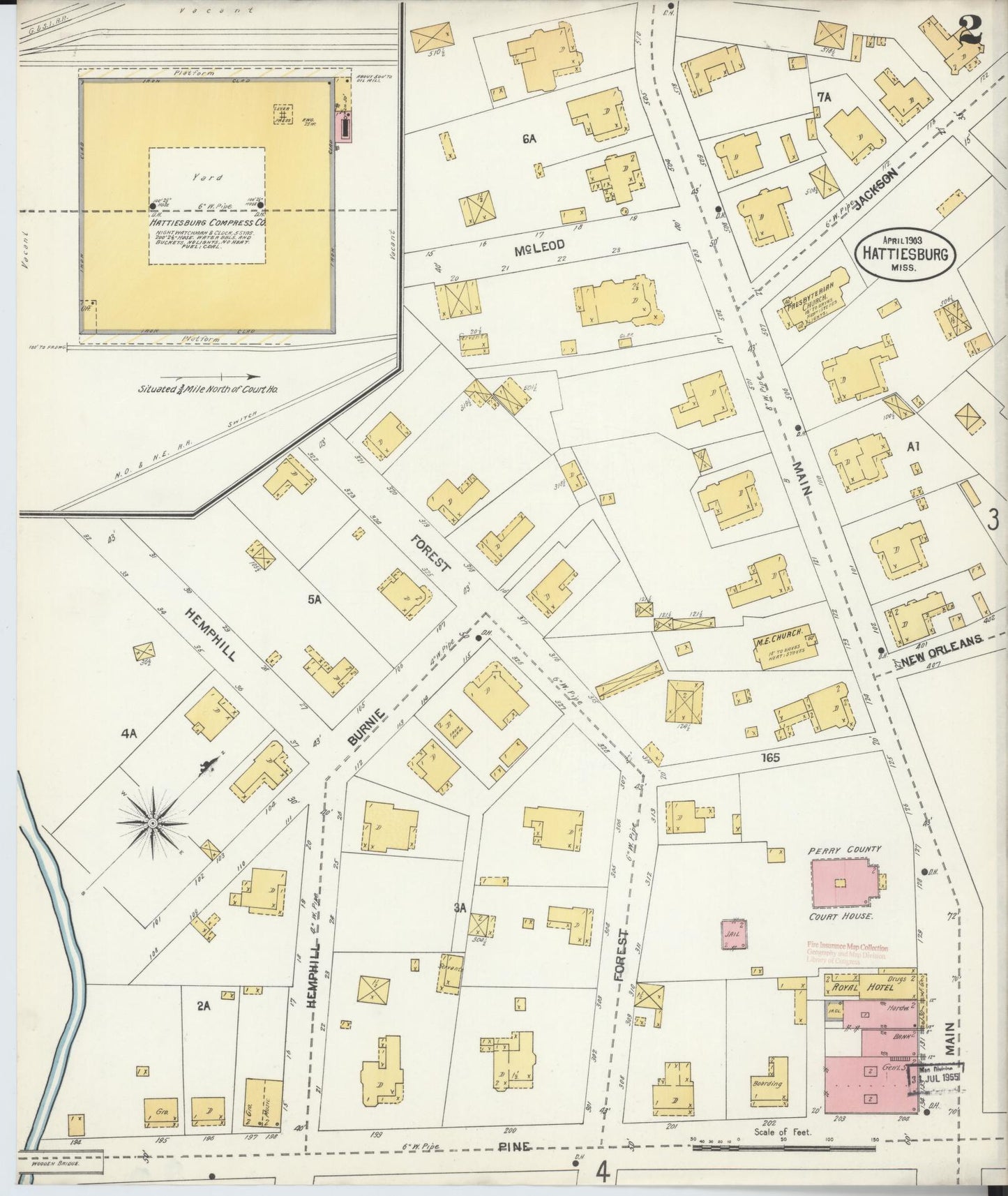 Sanborn Fire Insurance Map from Hattiesburg, Forrest County, Mississippi (1903), Sheet #0002 - Historic Sanborn Fire Insurance Map Print, vintage old map wall art, antique decor, genealogy gift, Mississippi Mississippi map