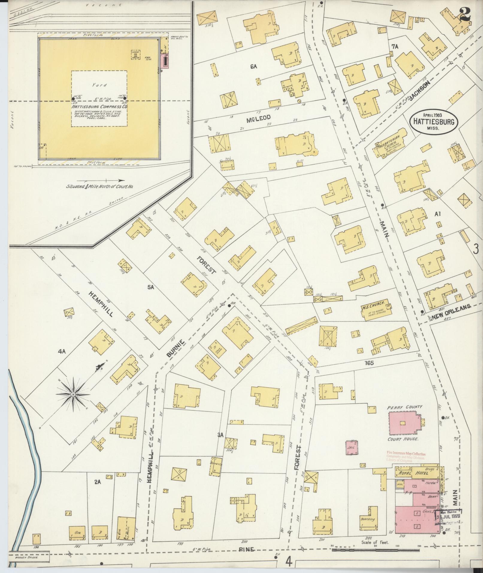 Sanborn Fire Insurance Map from Hattiesburg, Forrest County, Mississippi (1903), Sheet #0002 - Historic Sanborn Fire Insurance Map Print, vintage old map wall art, antique decor, genealogy gift, Mississippi Mississippi map