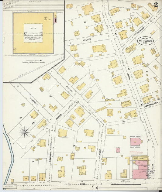 Sanborn Fire Insurance Map from Hattiesburg, Forrest County, Mississippi (1903), Sheet #0002 - Historic Sanborn Fire Insurance Map Print, vintage old map wall art, antique decor, genealogy gift, Mississippi Mississippi map
