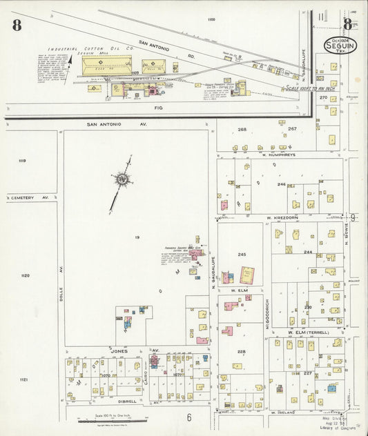 Sanborn Fire Insurance Map from Seguin, Guadalupe County, Texas (1924), Sheet #0008 - Historic Sanborn Fire Insurance Map Print, vintage old map wall art, antique decor, genealogy gift, Texas Texas map