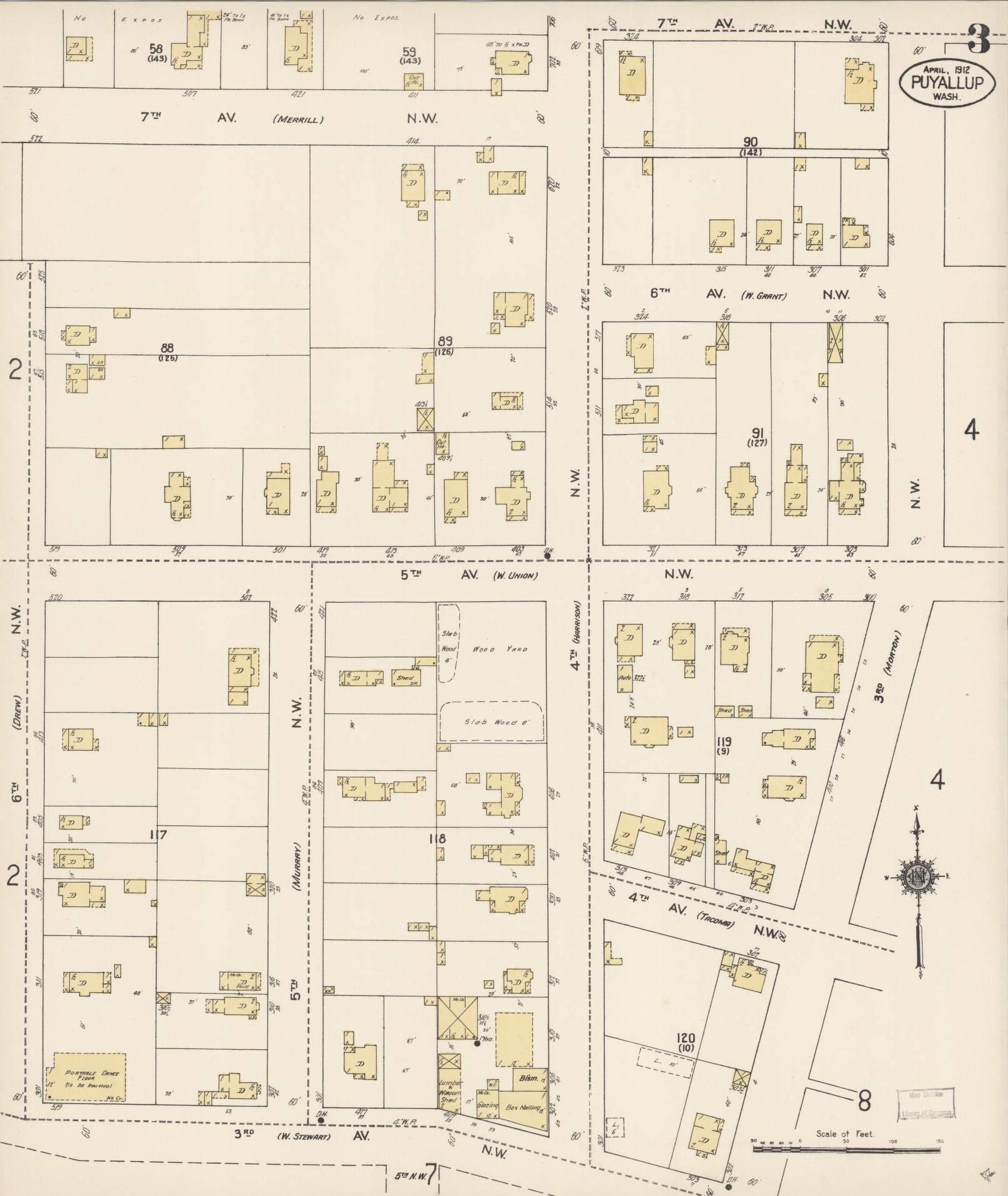 Sanborn Fire Insurance Map from Puyallup, Pierce County, Washington (1912), Sheet #0003 - Historic Sanborn Fire Insurance Map Print, vintage old map wall art, antique decor, genealogy gift, Washington Washington map