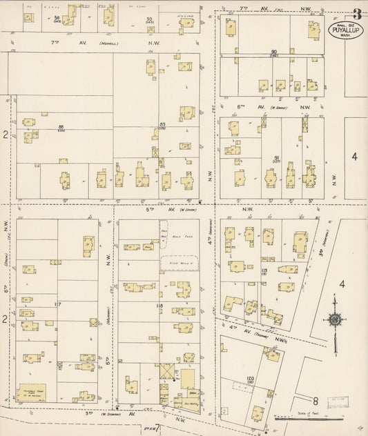 Sanborn Fire Insurance Map from Puyallup, Pierce County, Washington (1912), Sheet #0003 - Historic Sanborn Fire Insurance Map Print, vintage old map wall art, antique decor, genealogy gift, Washington Washington map
