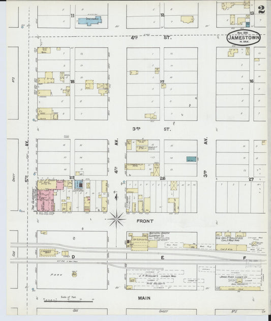 Sanborn Fire Insurance Map from Jamestown, Stutsman County, North Dakota (1891), Sheet #0002 - Historic Sanborn Fire Insurance Map Print, vintage old map wall art, antique decor, genealogy gift, North Dakota North Dakota map