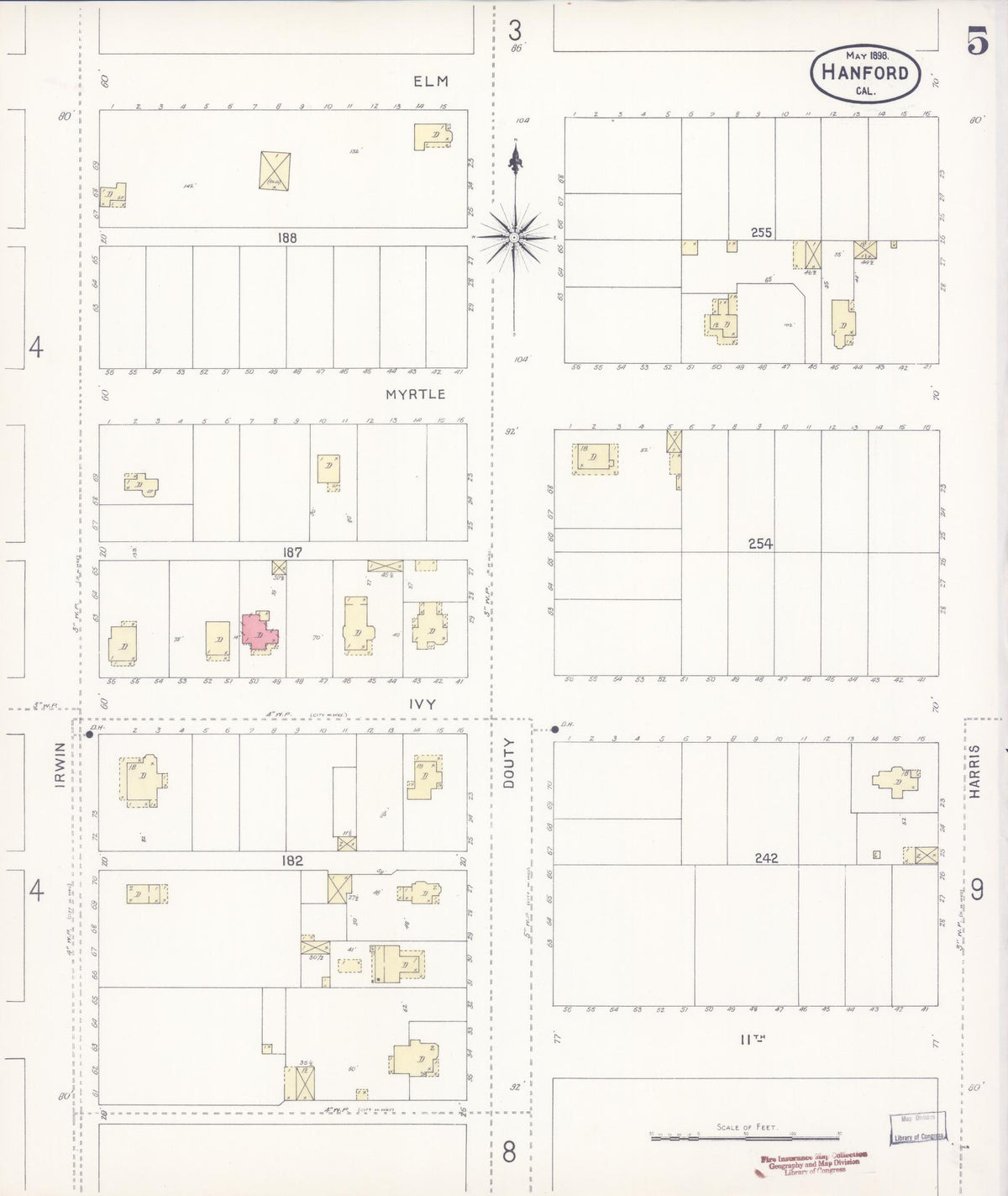 Sanborn Fire Insurance Map from Hanford, Kings County, California (1898), Sheet #0005 - Complete Map Set gallery image, historic Sanborn map, vintage wall art, California California