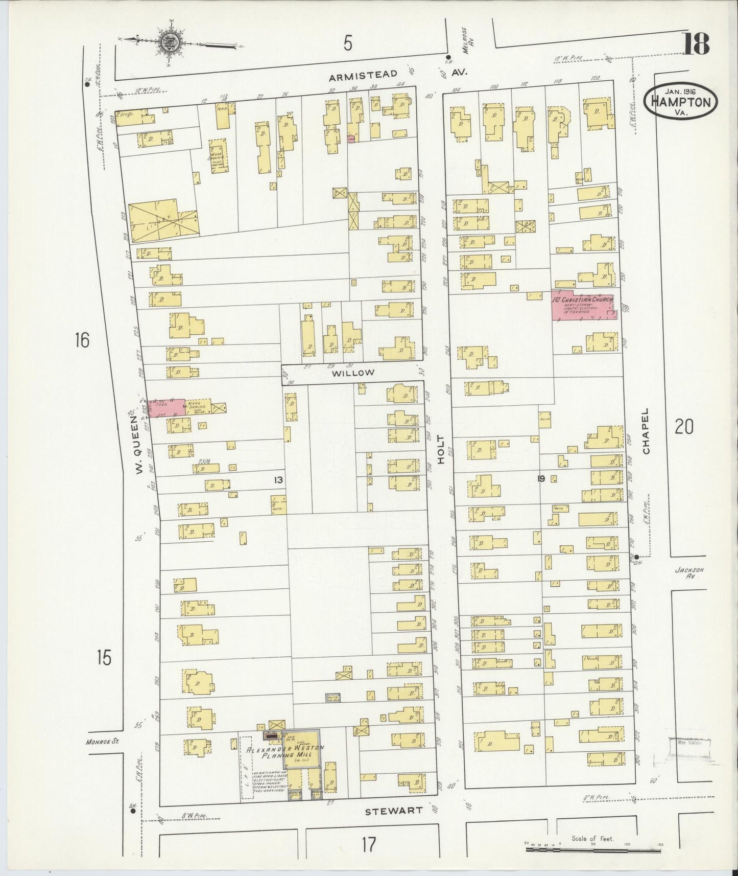 Sanborn Fire Insurance Map from Hampton, Independent Cities, Virginia (1916), Sheet #0018 - Complete Map Set gallery image, historic Sanborn map, vintage wall art, Virginia Virginia