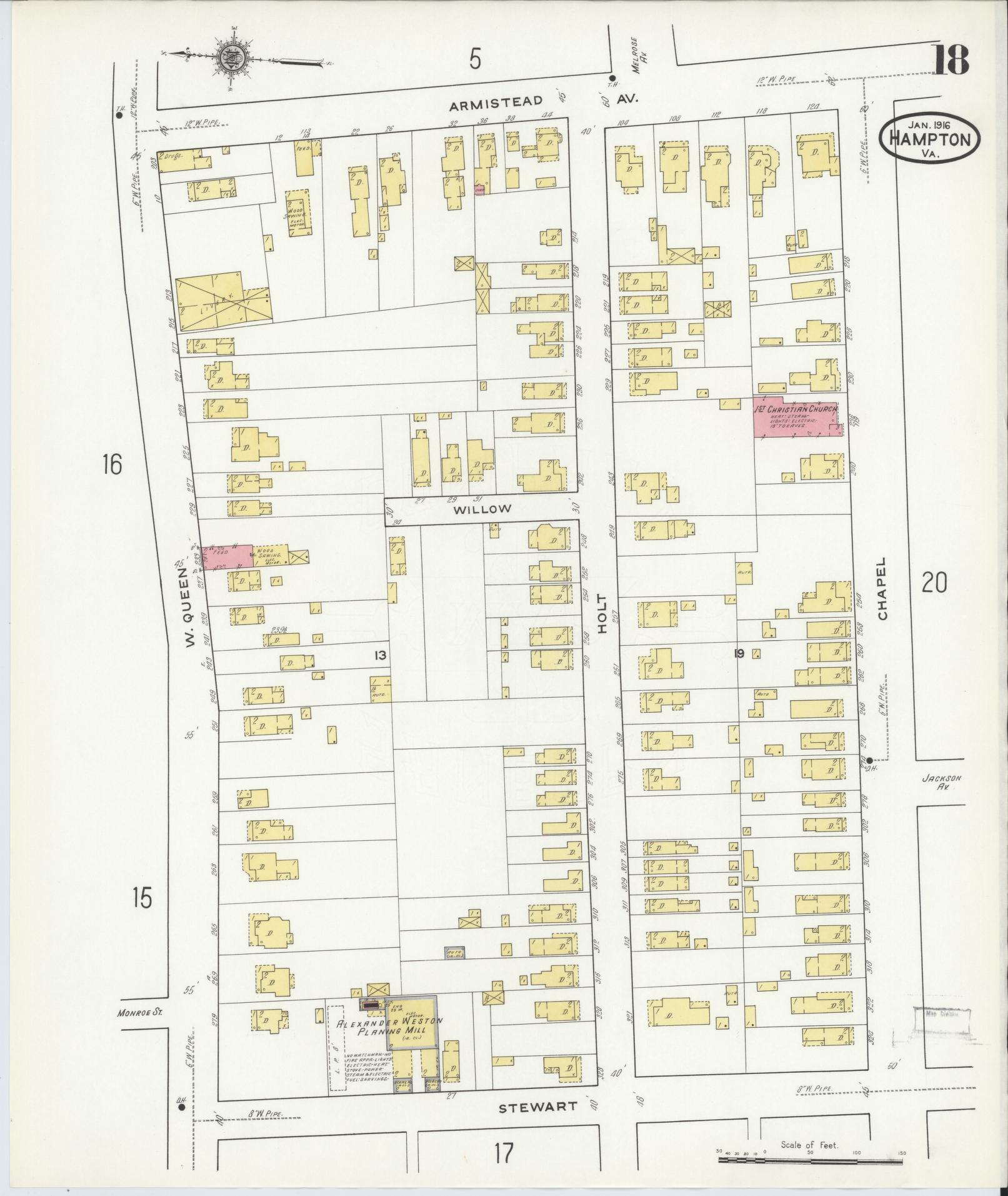 Sanborn Fire Insurance Map from Hampton, Independent Cities, Virginia (1916), Sheet #0018 - Complete Map Set gallery image, historic Sanborn map, vintage wall art, Virginia Virginia
