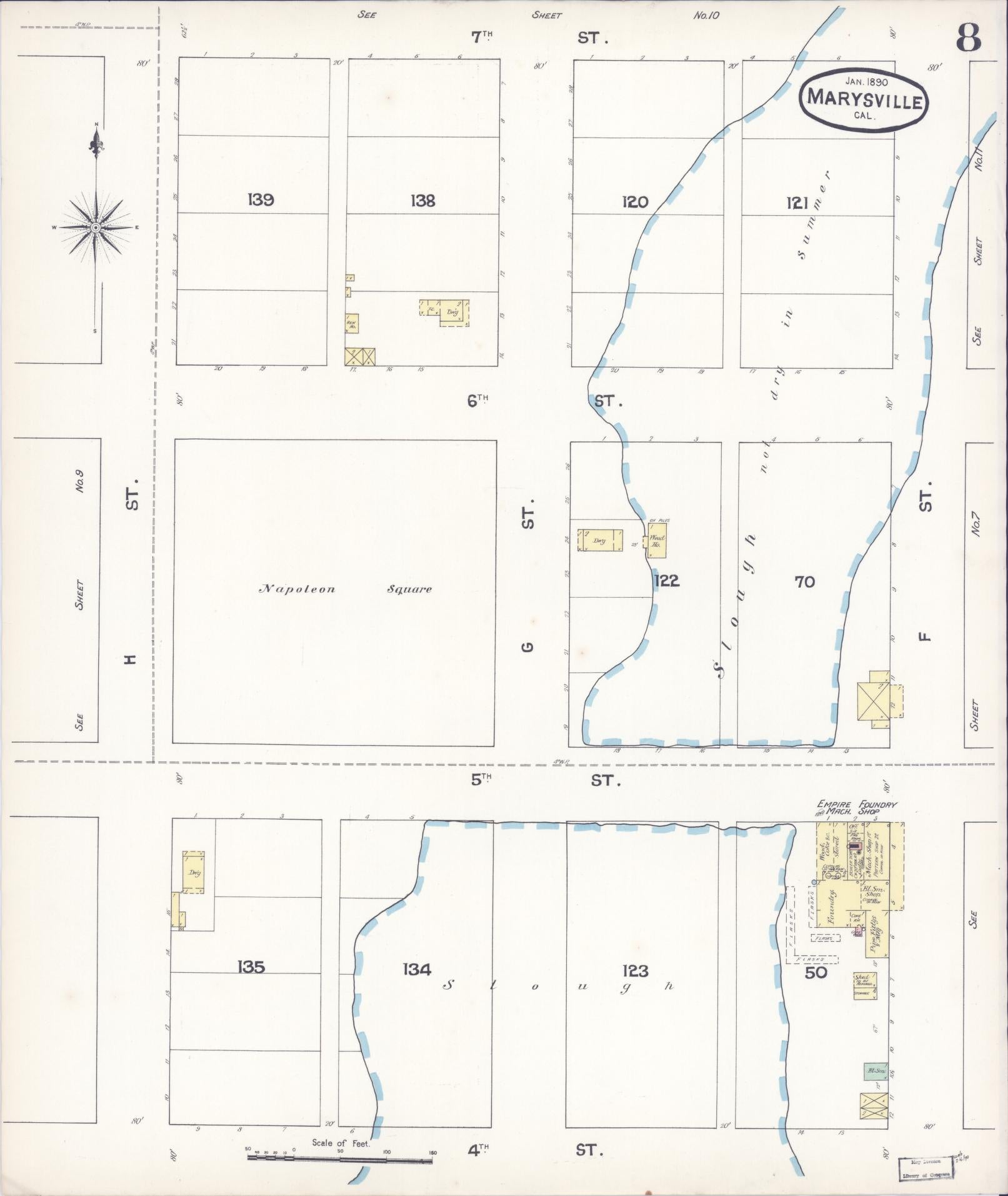 Sanborn Fire Insurance Map from Marysville, Yuba County, California (1890), Sheet #0008 - Historic Sanborn Fire Insurance Map Print, vintage old map wall art, antique decor, genealogy gift, California California map