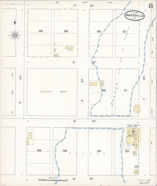 Sanborn Fire Insurance Map from Marysville, Yuba County, California (1890), Sheet #0008 - Historic Sanborn Fire Insurance Map Print, vintage old map wall art, antique decor, genealogy gift, California California map