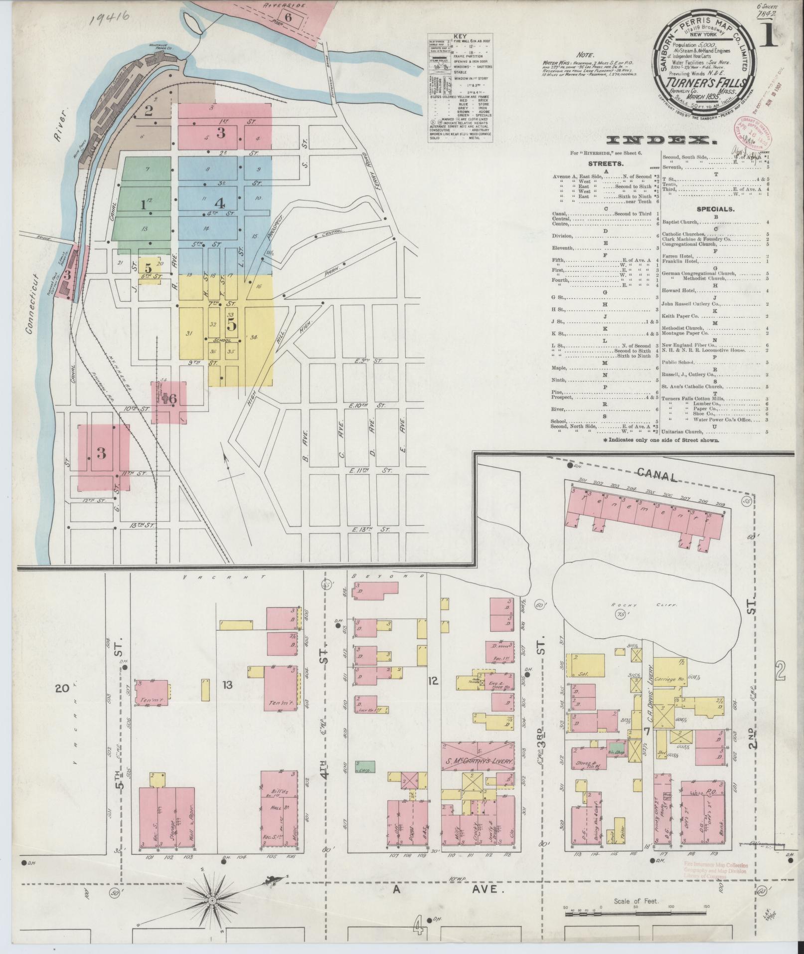 Sanborn Fire Insurance Map from Turners Falls, Franklin County, Massachusetts (1895), Sheet #0001 - Historic Sanborn Fire Insurance Map Print, vintage old map wall art, antique decor, genealogy gift, Massachusetts Massachusetts map