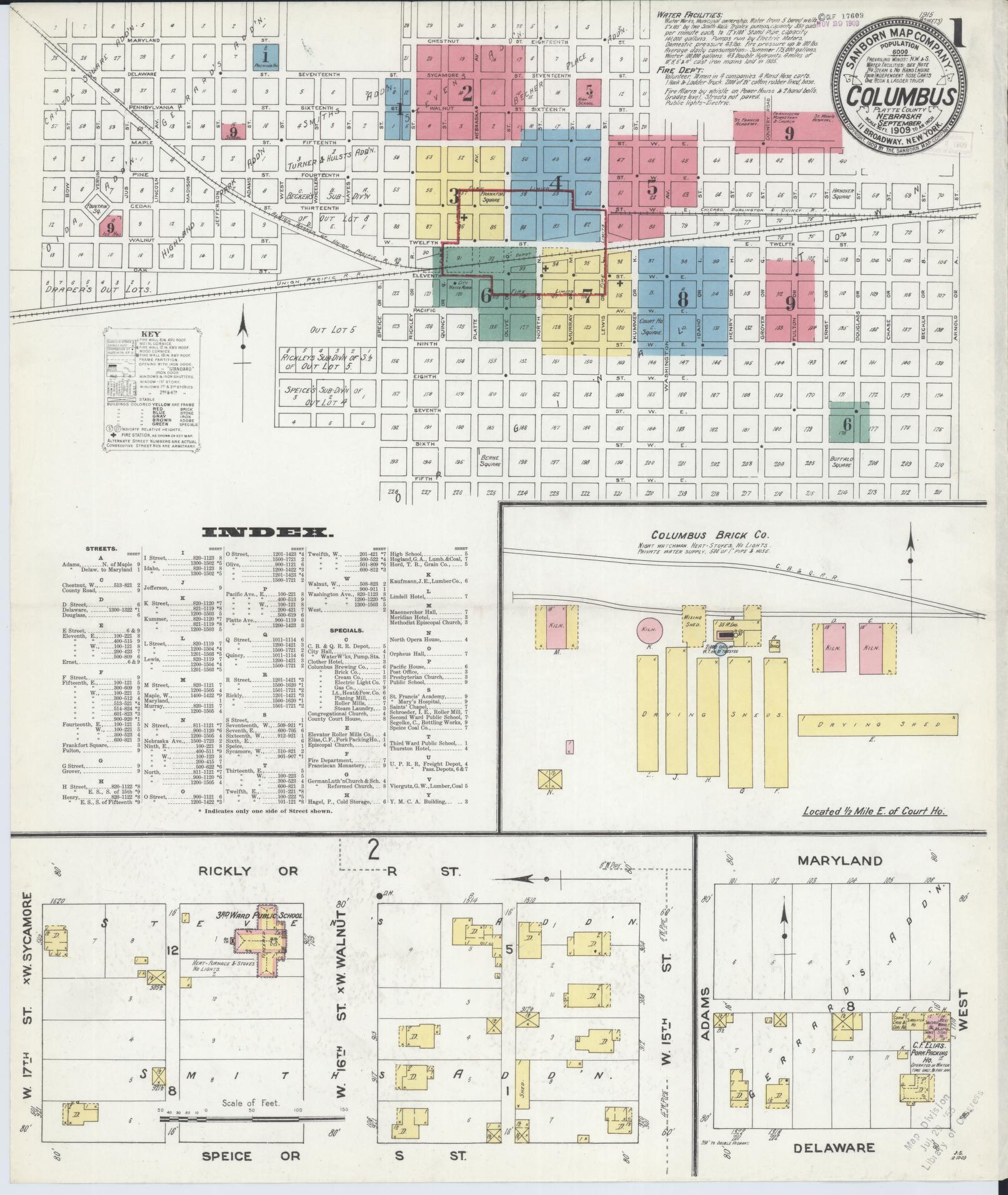 Sanborn Fire Insurance Map from Columbus, Platte County, Nebraska (1909), Sheet #0001 - Complete Map Set gallery image, historic Sanborn map, vintage wall art, Nebraska Nebraska