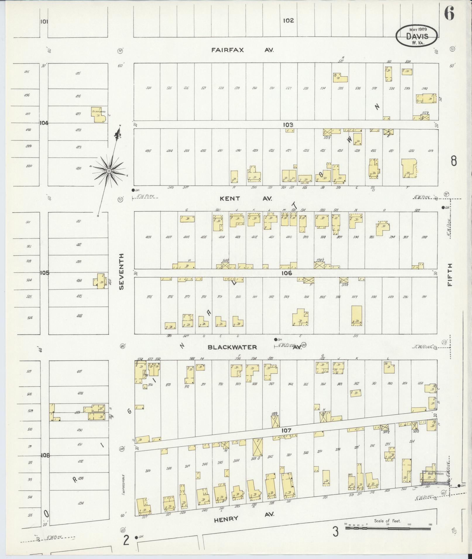Sanborn Fire Insurance Map from Davis, Tucker County, West Virginia (1909), Sheet #0006 - Historic Sanborn Fire Insurance Map Print, vintage old map wall art, antique decor, genealogy gift, West Virginia West Virginia map