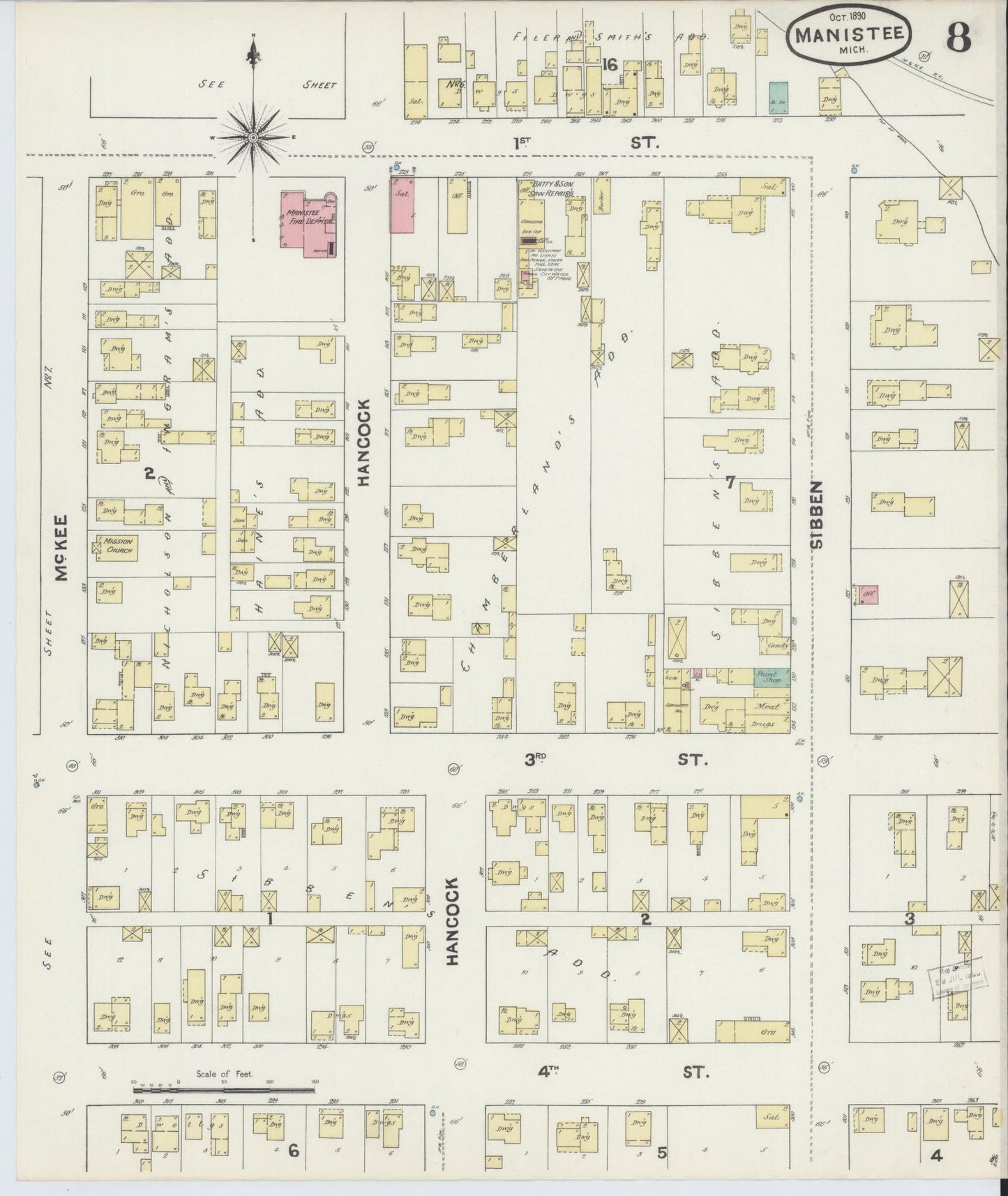 Sanborn Fire Insurance Map from Manistee, Manistee County, Michigan (1890), Sheet #0008 - Complete Map Set gallery image, historic Sanborn map, vintage wall art, Michigan Michigan