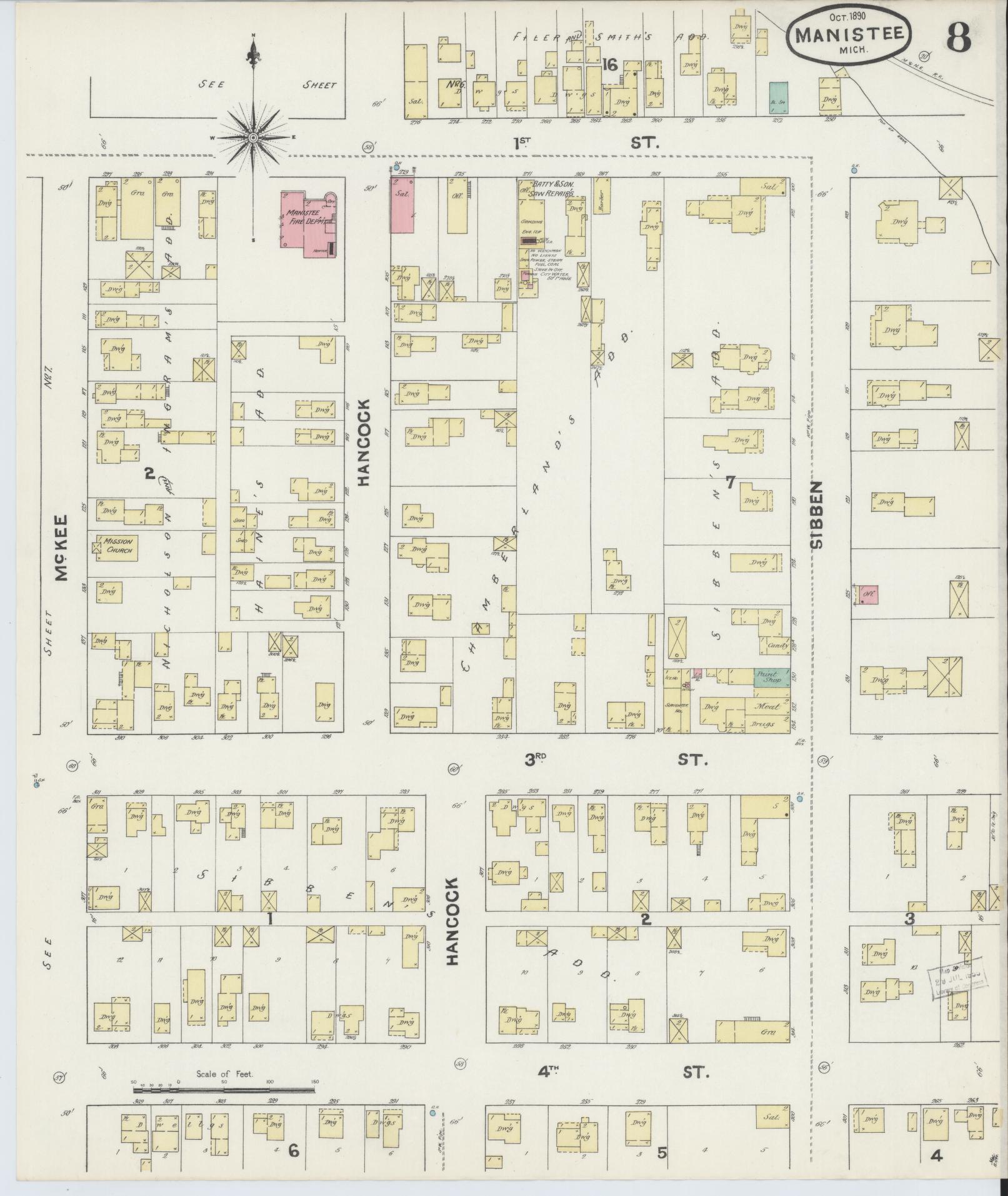Sanborn Fire Insurance Map from Manistee, Manistee County, Michigan (1890), Sheet #0008 - Complete Map Set gallery image, historic Sanborn map, vintage wall art, Michigan Michigan