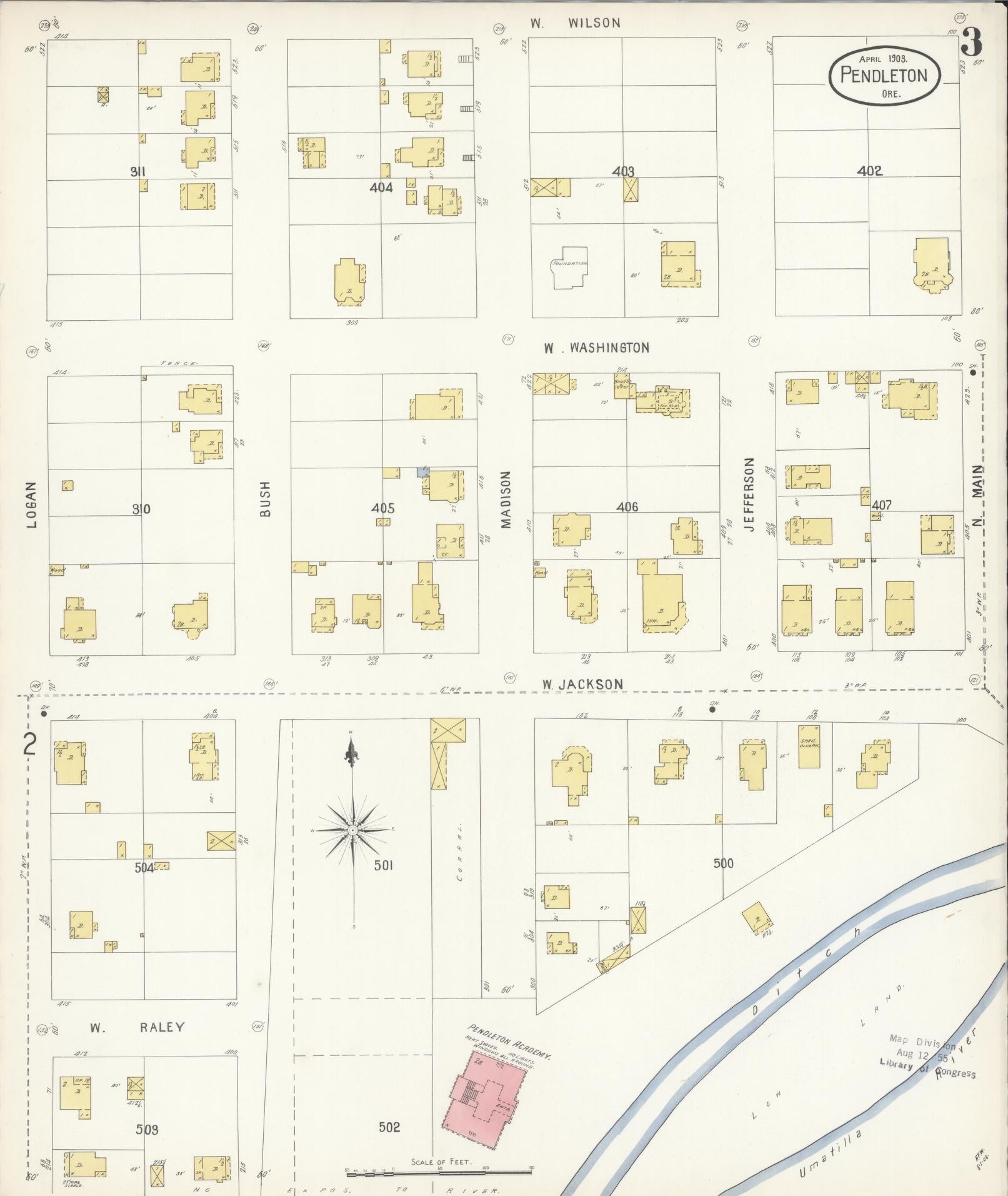 Sanborn Fire Insurance Map from Pendleton, Umatilla County, Oregon (1903), Sheet #0003 - Complete Map Set gallery image, historic Sanborn map, vintage wall art, Oregon Oregon