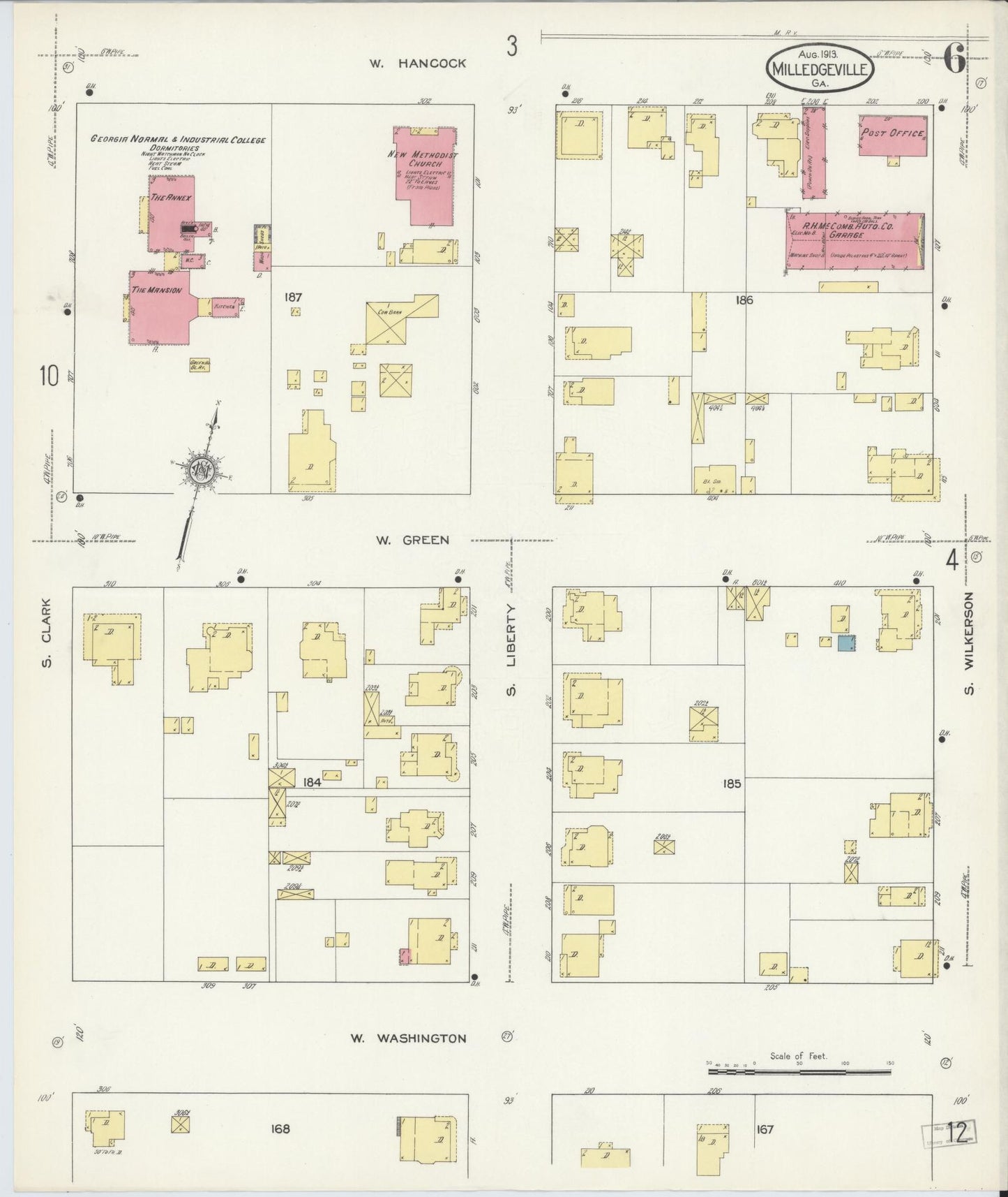 Sanborn Fire Insurance Map from Milledgeville, Baldwin County, Georgia (1913), Sheet #0006 - Complete Map Set gallery image, historic Sanborn map, vintage wall art, Georgia Georgia