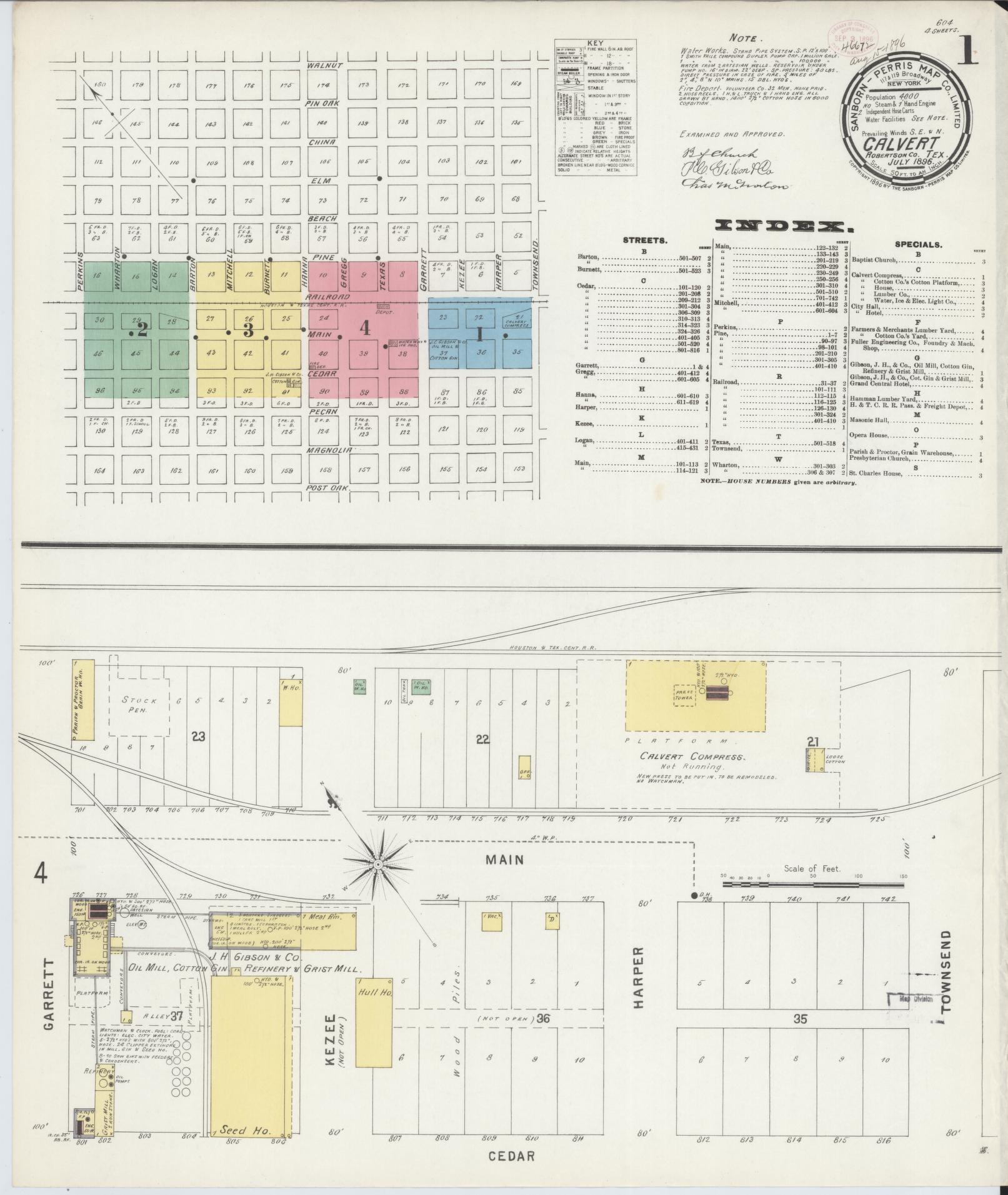 Sanborn Fire Insurance Map from Calvert, Robertson County, Texas (1896), Sheet #0001 - Historic Sanborn Fire Insurance Map Print, vintage old map wall art, antique decor, genealogy gift, Texas Texas map