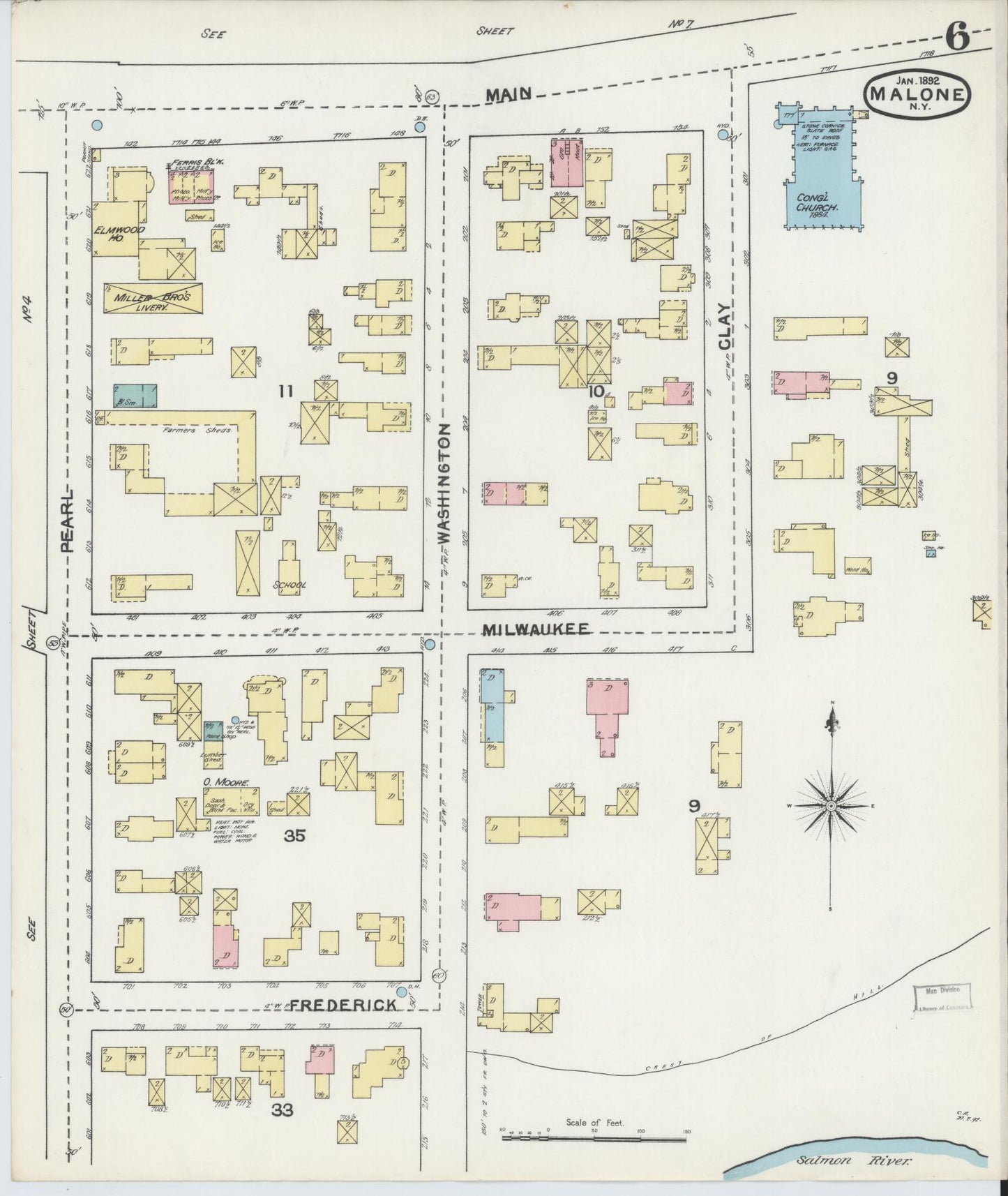 Sanborn Fire Insurance Map from Malone, Franklin County, New York (1892), Sheet #0006 - Complete Map Set gallery image, historic Sanborn map, vintage wall art, New York New York
