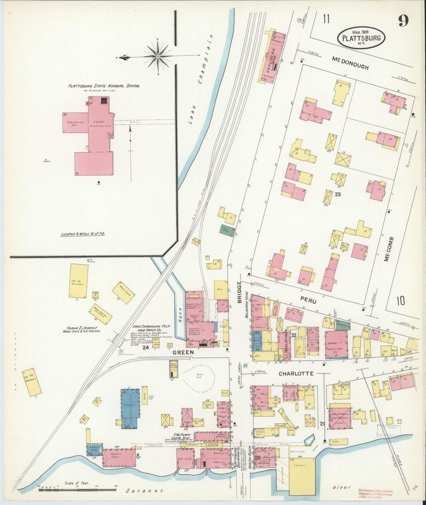 Sanborn Fire Insurance Map from Plattsburg, Clinton County, New York (1909), Sheet #0008 - Complete Map Set gallery image, historic Sanborn map, vintage wall art, New York New York