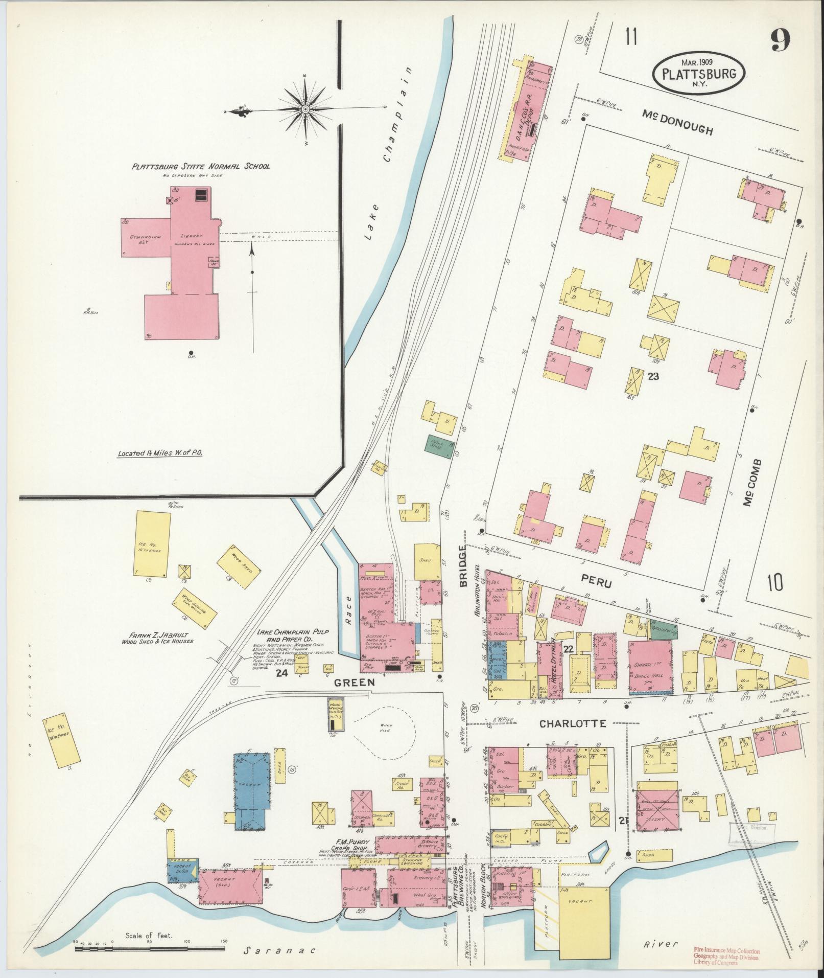 Sanborn Fire Insurance Map from Plattsburg, Clinton County, New York (1909), Sheet #0008 - Complete Map Set gallery image, historic Sanborn map, vintage wall art, New York New York