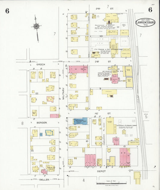 Sanborn Fire Insurance Map from Lawrenceburg, Lawrence County, Tennessee (1926), Sheet #0006 - Historic Sanborn Fire Insurance Map Print, vintage old map wall art, antique decor, genealogy gift, Tennessee Tennessee map