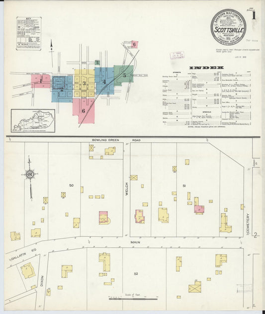 Sanborn Fire Insurance Map from Scottsville, Allen County, Kentucky (1913), Sheet #0001 - Historic Sanborn Fire Insurance Map Print, vintage old map wall art, antique decor, genealogy gift, Kentucky Kentucky map