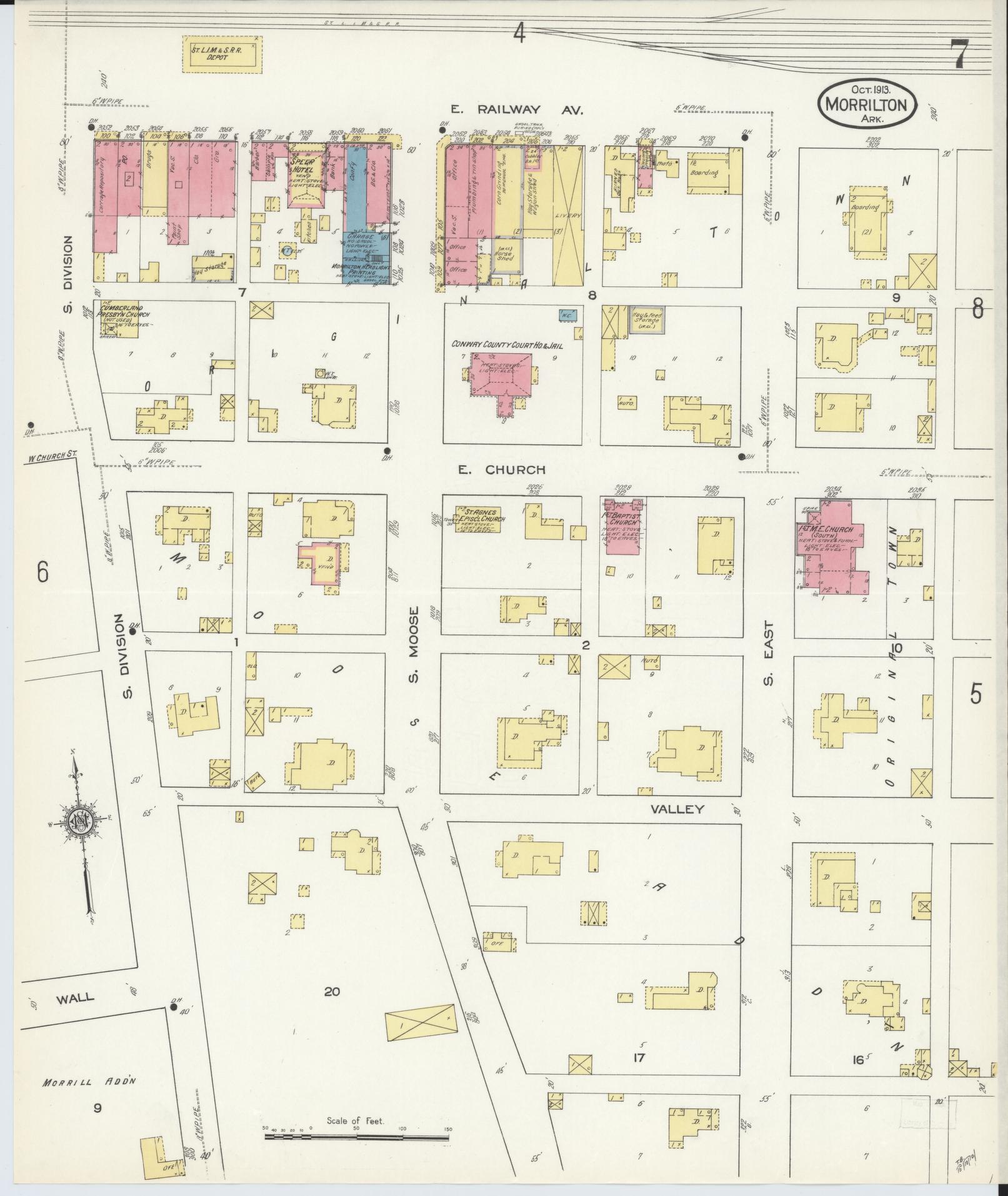 Sanborn Fire Insurance Map from Morrilton, Conway County, Arkansas (1913), Sheet #0007 - Complete Map Set gallery image, historic Sanborn map, vintage wall art, Arkansas Arkansas