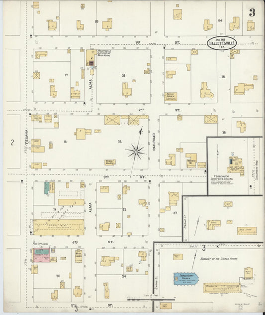 Sanborn Fire Insurance Map from Hallettsville, Lavaca County, Texas (1906), Sheet #0003 - Historic Sanborn Fire Insurance Map Print, vintage old map wall art, antique decor, genealogy gift, Texas Texas map