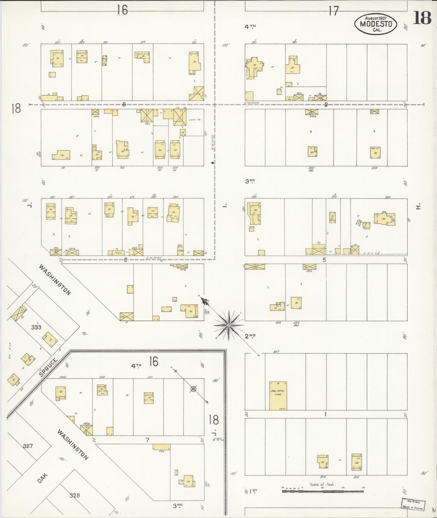 Sanborn Fire Insurance Map from Modesto, Stanislaus County, California (1907), Sheet #0018 - Historic Sanborn Fire Insurance Map Print, vintage old map wall art, antique decor, genealogy gift, California California map