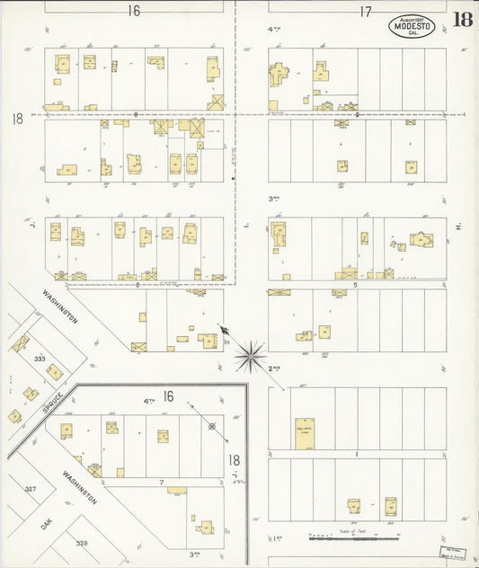 Sanborn Fire Insurance Map from Modesto, Stanislaus County, California (1907), Sheet #0018 - Historic Sanborn Fire Insurance Map Print, vintage old map wall art, antique decor, genealogy gift, California California map
