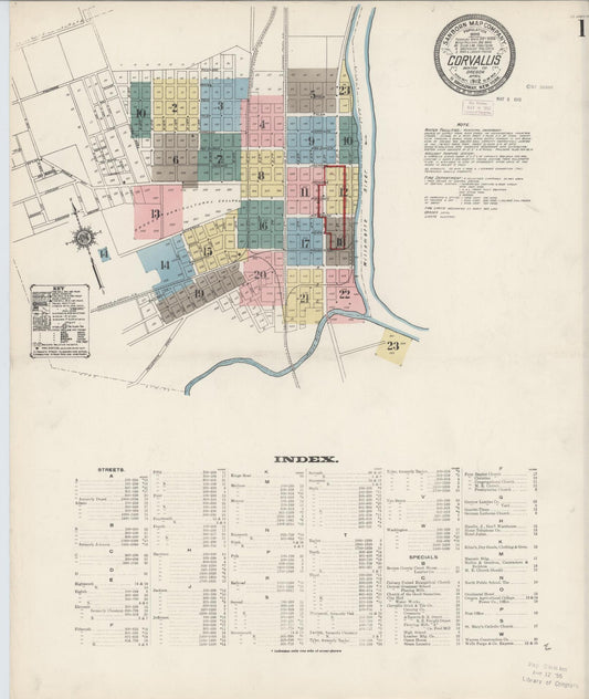 Sanborn Fire Insurance Map from Corvallis, Benton County, Oregon (1912), Sheet #0001 - Complete Map Set gallery image, historic Sanborn map, vintage wall art, Oregon Oregon