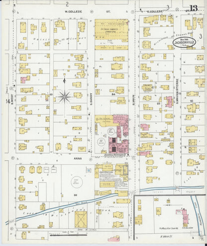 Sanborn Fire Insurance Map from Jacksonville, Morgan County, Illinois (1905), Sheet #0013 - Historic Sanborn Fire Insurance Map Print, vintage old map wall art, antique decor, genealogy gift, Illinois Illinois map