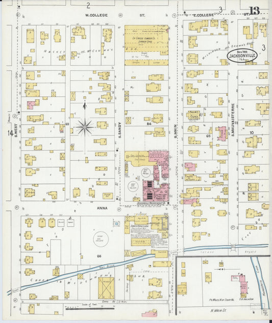 Sanborn Fire Insurance Map from Jacksonville, Morgan County, Illinois (1905), Sheet #0013 - Historic Sanborn Fire Insurance Map Print, vintage old map wall art, antique decor, genealogy gift, Illinois Illinois map