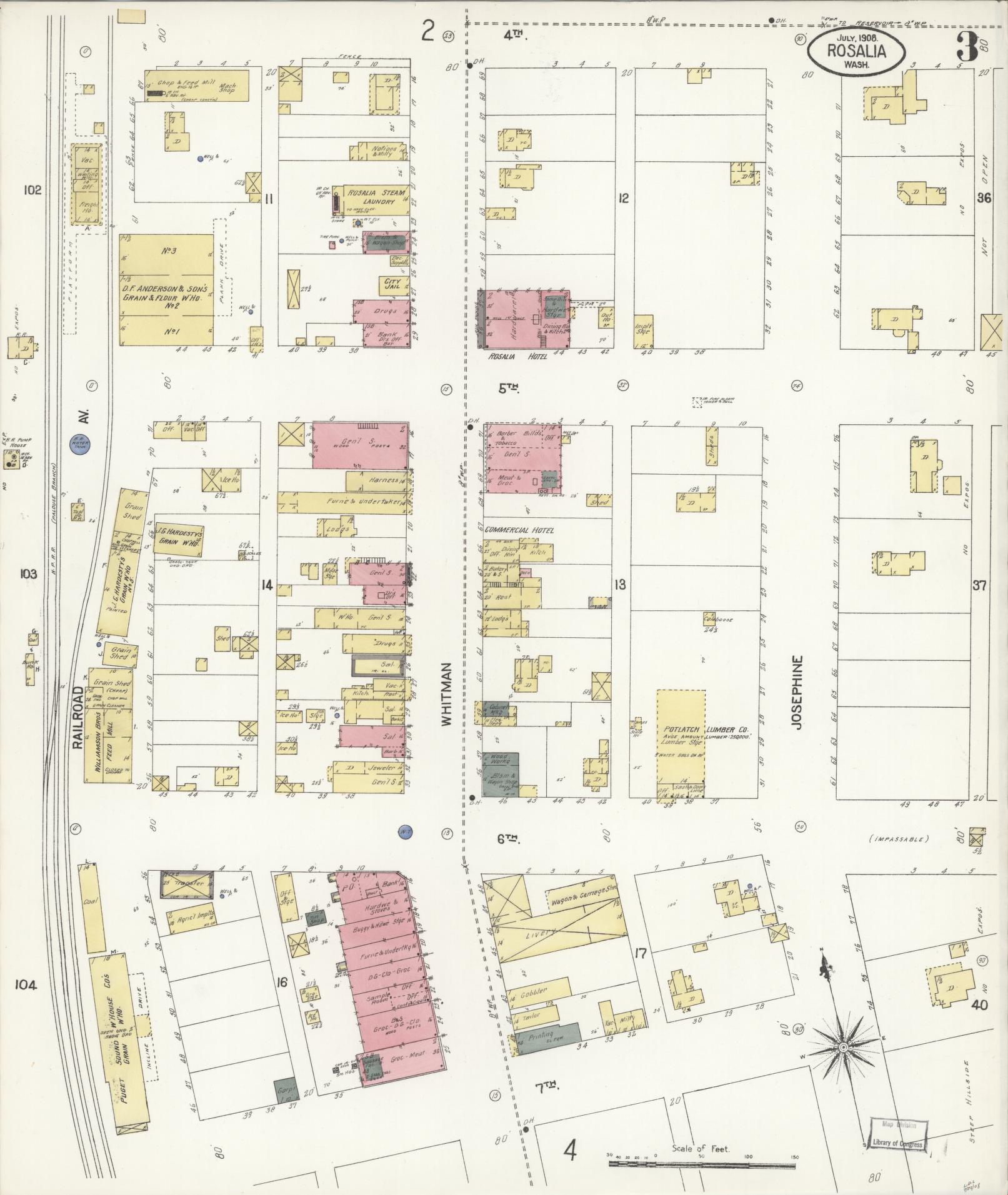 Sanborn Fire Insurance Map from Rosalia, Whitman County, Washington (1908), Sheet #0003 - Historic Sanborn Fire Insurance Map Print, vintage old map wall art, antique decor, genealogy gift, Washington Washington map