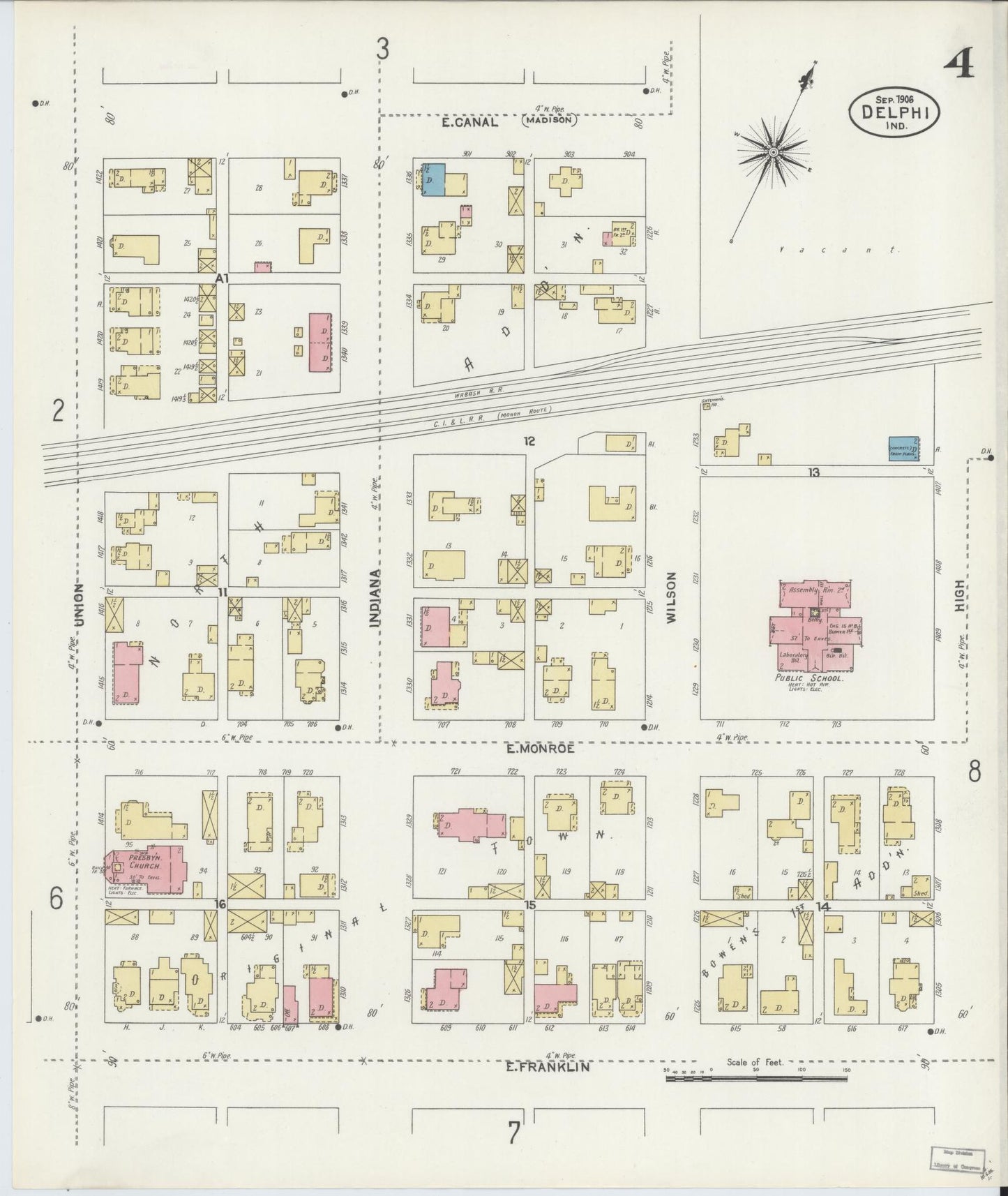 Sanborn Fire Insurance Map from Delphi, Carroll County, Indiana (1906), Sheet #0004 - Complete Map Set gallery image, historic Sanborn map, vintage wall art, Indiana Indiana