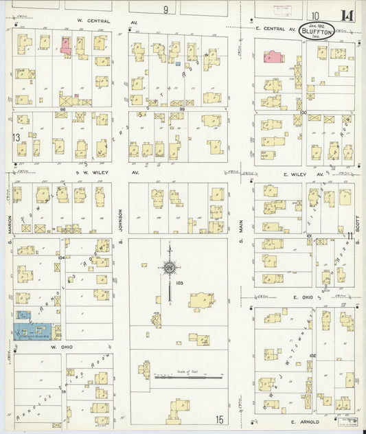 Sanborn Fire Insurance Map from Bluffton, Wells County, Indiana (1912), Sheet #0014 - Historic Sanborn Fire Insurance Map Print, vintage old map wall art, antique decor, genealogy gift, Indiana Indiana map