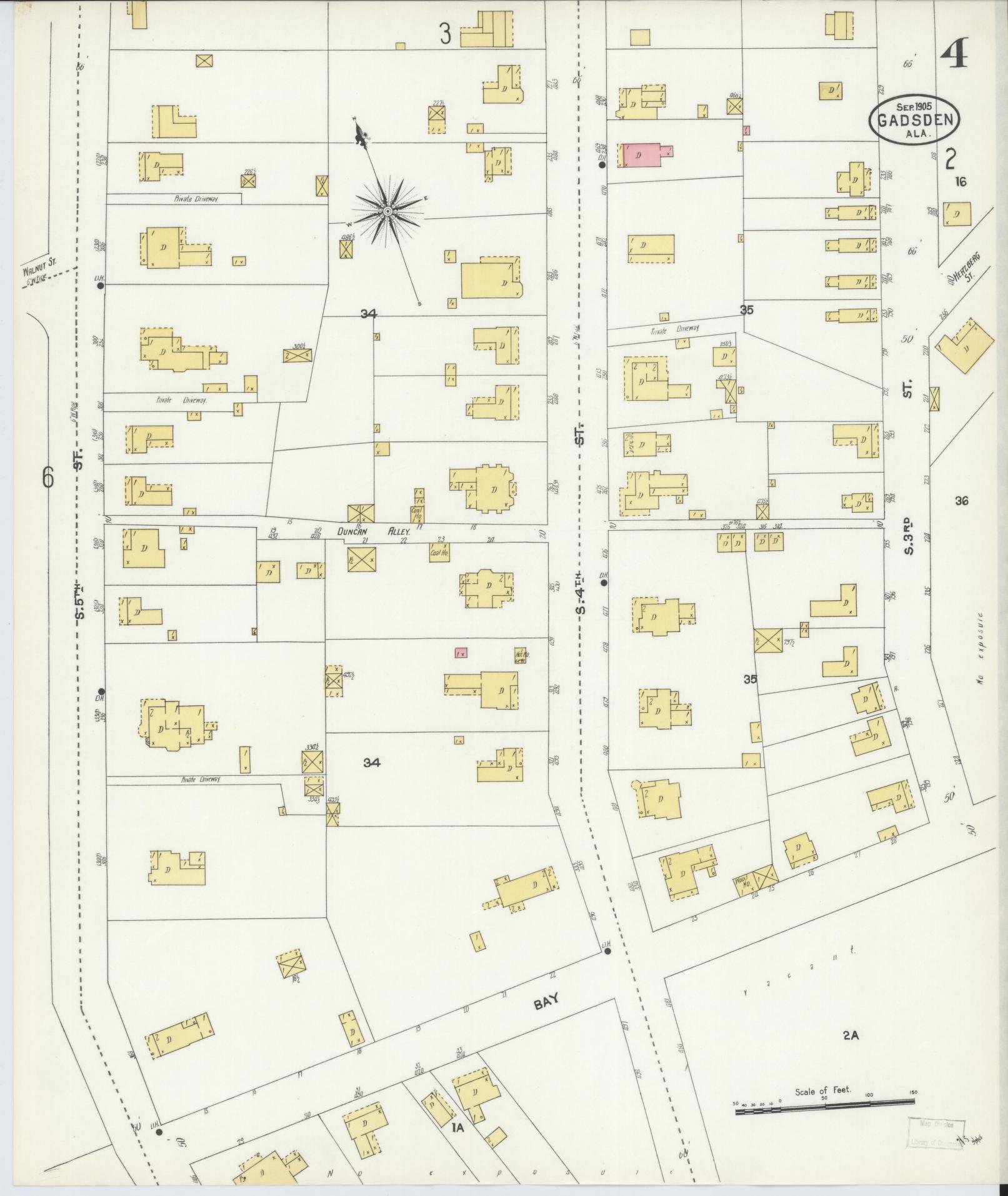 Sanborn Fire Insurance Map from Gadsden, Etowah County, Alabama (1905), Sheet #0004 - Historic Sanborn Fire Insurance Map Print, vintage old map wall art, antique decor, genealogy gift, Alabama Alabama map