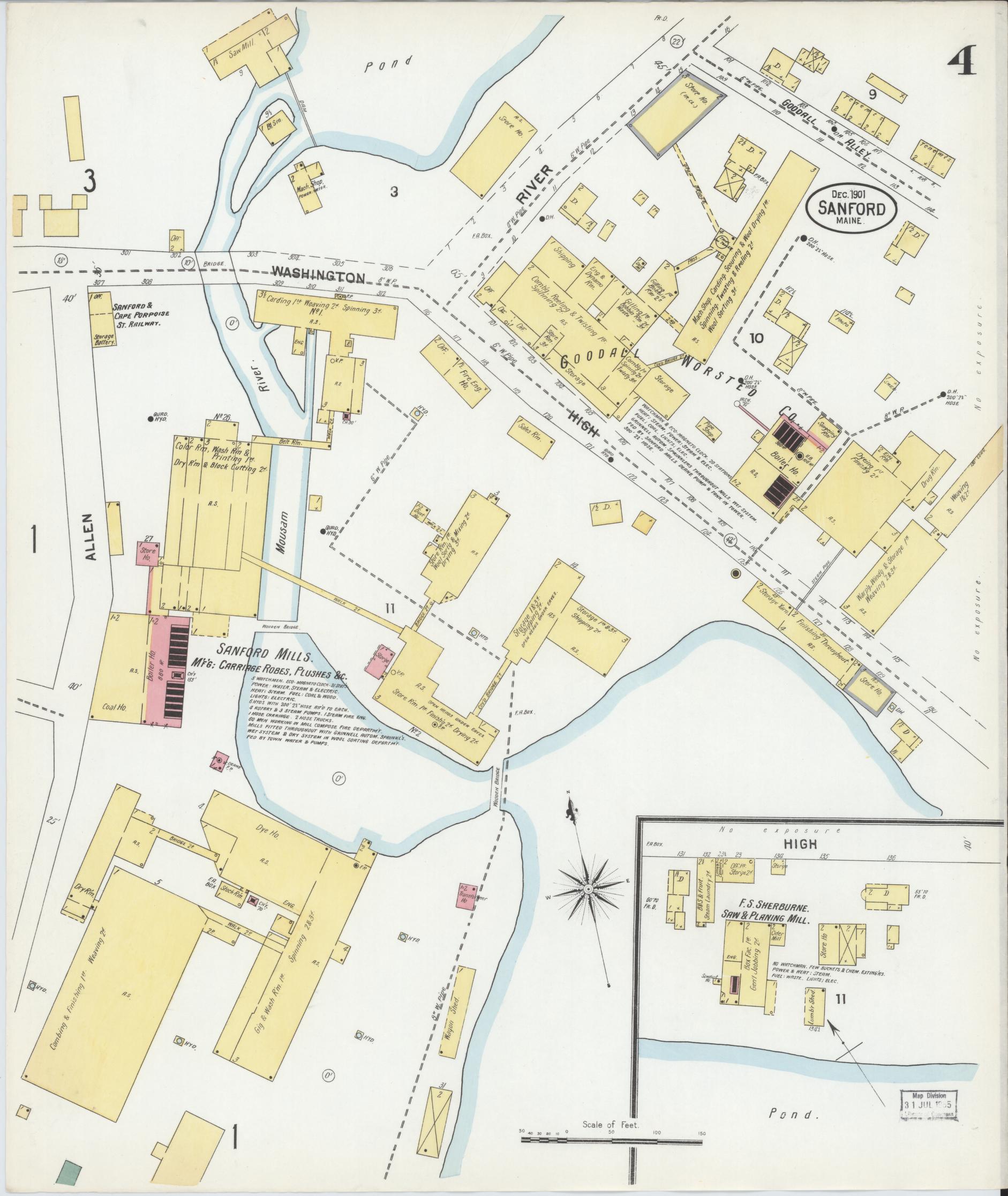 Sanborn Fire Insurance Map from Sanford, York County, Maine (1901), Sheet #0004 - Complete Map Set gallery image, historic Sanborn map, vintage wall art, Maine Maine