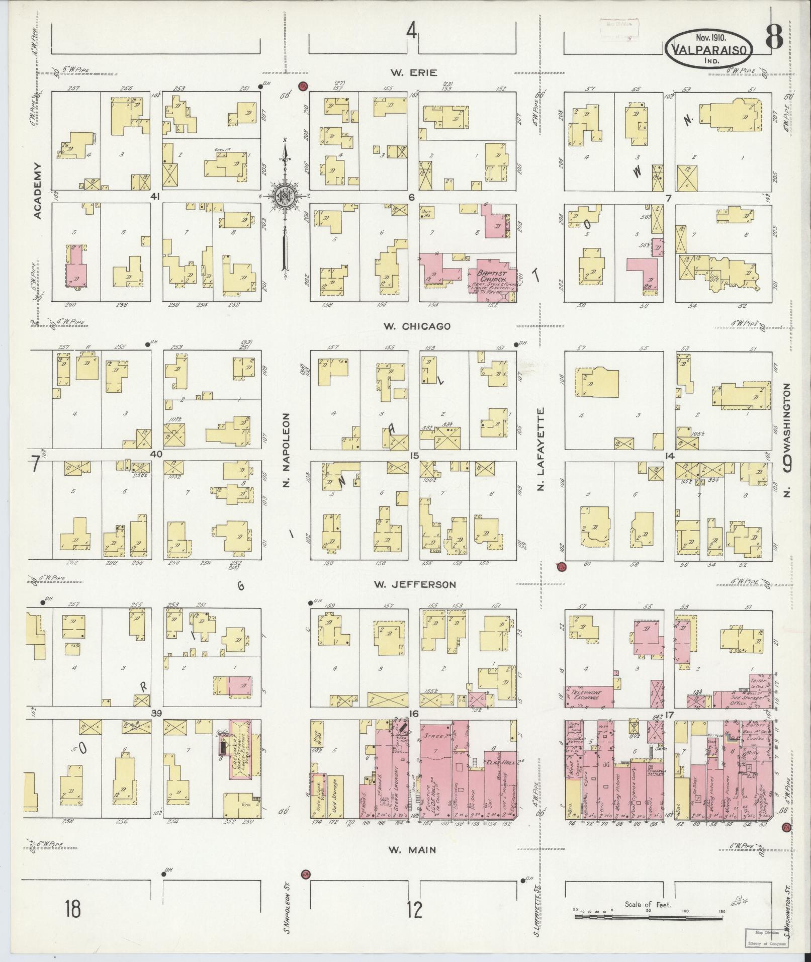 Sanborn Fire Insurance Map from Valparaiso, Porter County, Indiana (1910), Sheet #0008 - Complete Map Set gallery image, historic Sanborn map, vintage wall art, Indiana Indiana