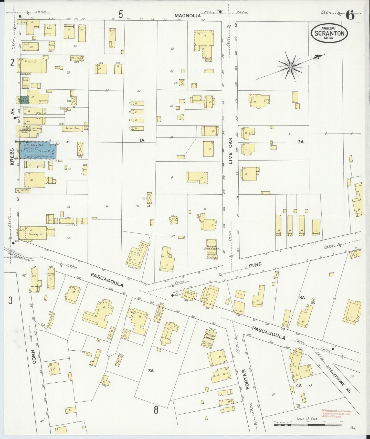 Sanborn Fire Insurance Map from Scranton, Jackson County, Mississippi (1909), Sheet #0006 - Complete Map Set gallery image, historic Sanborn map, vintage wall art, Mississippi Mississippi
