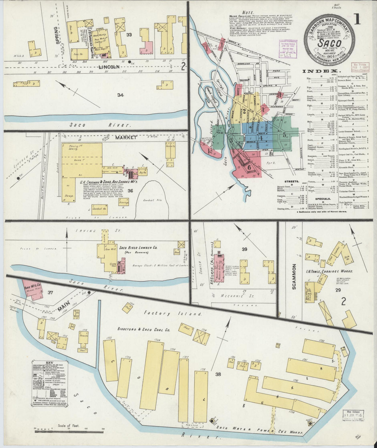 Sanborn Fire Insurance Map from Saco, York County, Maine (1906), Sheet #0001 - Complete Map Set gallery image, historic Sanborn map, vintage wall art, Maine Maine