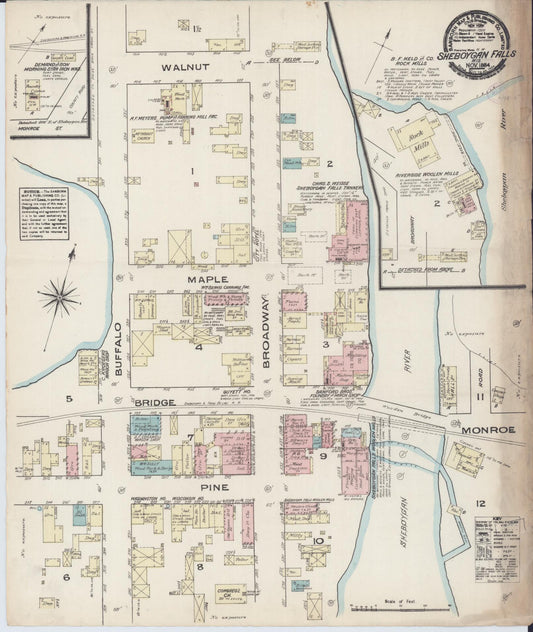 Sanborn Fire Insurance Map from Sheboygan Falls, Sheboygan County, Wisconsin (1884), Sheet #0001 - Historic Sanborn Fire Insurance Map Print, vintage old map wall art, antique decor, genealogy gift, Wisconsin Wisconsin map