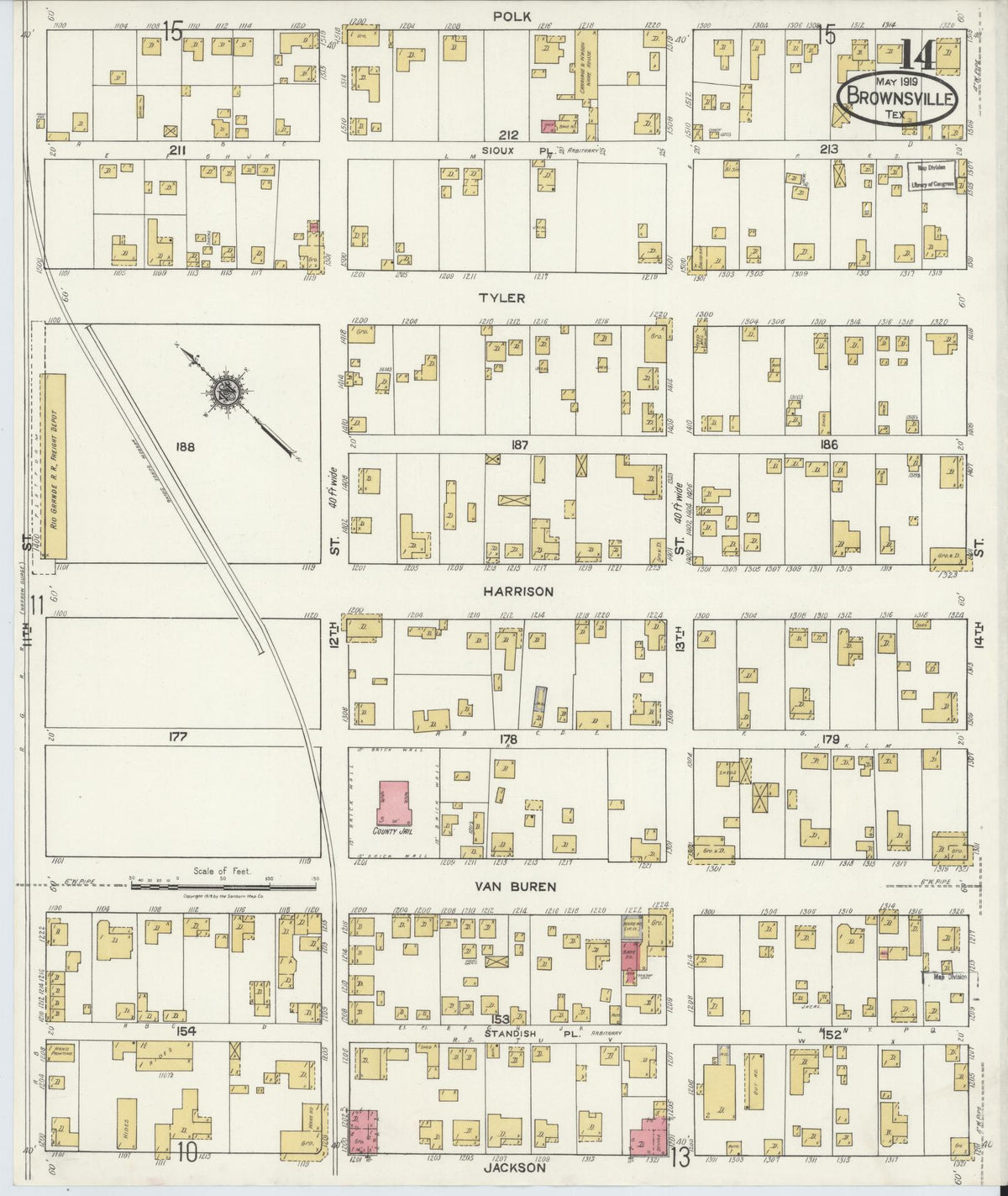 Sanborn Fire Insurance Map from Brownsville, Cameron County, Texas (1919), Sheet #0014 - Complete Map Set gallery image, historic Sanborn map, vintage wall art, Texas Texas
